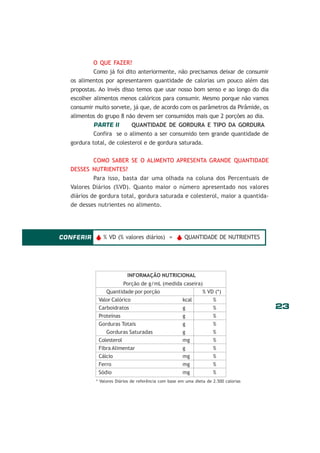 O QUE FAZER?
Como já foi dito anteriormente, não precisamos deixar de consumir
os alimentos por apresentarem quantidade de calorias um pouco além das
propostas. Ao invés disso temos que usar nosso bom senso e ao longo do dia
escolher alimentos menos calóricos para consumir. Mesmo porque não vamos
consumir muito sorvete, já que, de acordo com os parâmetros da Pirâmide, os
alimentos do grupo 8 não devem ser consumidos mais que 2 porções ao dia.
PARTE II
QUANTIDADE DE GORDURA E TIPO DA GORDURA
Confira se o alimento a ser consumido tem grande quantidade de
gordura total, de colesterol e de gordura saturada.
COMO SABER SE O ALIMENTO APRESENTA GRANDE QUANTIDADE
DESSES NUTRIENTES?
Para isso, basta dar uma olhada na coluna dos Percentuais de
Valores Diários (%VD). Quanto maior o número apresentado nos valores
diários de gordura total, gordura saturada e colesterol, maior a quantidade desses nutrientes no alimento.

CONFERIR v % VD (% valores diários) = v QUANTIDADE DE NUTRIENTES

INFORMAÇÃO NUTRICIONAL
Porção de g/mL (medida caseira)
Quantidade por porção
% VD (*)
Valor Calórico
kcal
%
Carboidratos
g
%
Proteínas
g
%
Gorduras Totais
g
%
Gorduras Saturadas
g
%
Colesterol
mg
%
Fibra Alimentar
g
%
Cálcio
mg
%
Ferro
mg
%
Sódio
mg
%
* Valores Diários de referência com base em uma dieta de 2.500 calorias

23

 