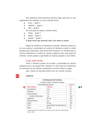 21
Para classificar esses alimentos devemos saber quais são os seus
ingredientes. Por exemplo, no arroz colorido temos:
arroz — grupo 1
vegetais — grupo 2
óleo — grupo 7
Em uma pizza de queijo e tomate temos:
massa — grupo 1
queijo — grupo 4
tomate — grupo 2
É dessa forma que devemos fazer com todos os pratos.
Depois de classificar os alimentos em grupos, devemos conferir se
em uma porção a quantidade de calorias do alimento excede a média
proposta para cada grupo. Será muito difícil encontrar um alimento que se
encaixe justamente na média de calorias propostas para cada grupo de
alimento, mesmo porque a quantidade de calorias proposta é uma média.
O QUE FAZER ENTÃO?
Evitar o alimento quando ele exceder a quantidade de calorias
propostas para o seu grupo? Não. Devemos ter bom senso ao escolhermos
um alimento rico em calorias, escolhendo um menos calórico a seguir.
Aqui, temos um exemplo prático com um sorvete cremoso.
SORVETEEX
INFORMAÇÃO NUTRICIONAL
Porção de 45g (3 colheres de sopa)
Quantidade por porção % VD (*)
Valor Calórico 130 kcal 5%
Carboidratos 16 g 4%
Proteínas 2 g 4%
GordurasTotais 7 g 9%
Gorduras Saturadas 4 g 16%
Colesterol 30 mg 10%
Fibra Alimentar 0 g 0%
Cálcio 84 mg 10%
Ferro quantidade não significativa 0%
Sódio 60 mg 2%
* Valores Diários de referência com base em uma dieta de 2.500 calorias.
Fonte: USDA
*
 