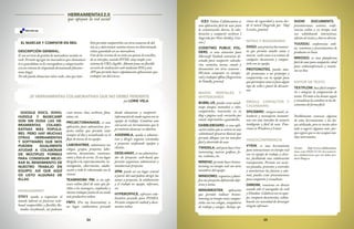 3534
25 HERRAMIENTAS COLABORATIVAS QUE NO DEBES PERDERTE
por LORIE VELA
GOOGLE DOCS, ZOHO,
HUDDLE Y BASECAMP
SON SIN DUDA LAS HE-
RRAMIENTAS COLABO-
RATIVAS MÁS POPULA-
RES. PERO HAY MUCHAS
OTRAS HERRAMIENTAS
Y SOFTWARES QUE NOS
PUEDEN IGUALMENTE
AYUDAR A COLABORAR
DE MÚLTIPLES FORMAS
PARA CONSEGUIR MEJO-
RAR EL RENDIMIENTO DE
NUESTRO TRABAJO EN
EQUIPO. ASÍ QUE AQUÍ
OS LISTO ALGUNAS DE
ELLAS.
MANAGEMENT
STIXY, ayuda a organizar el
mundo laboral en pizarras web-
based compartibles y flexibles lla-
madas stixyboards, así podemos
crear tareas, citas, archivos, fotos,
notas, etc.
PROJECT2MANAGE, es una
aplicación para administrar pro-
yectos online que permite estar
siempre al día y actualizado en el
flujo de tareas de tu equipo.
LABORATREE, administra tus
colegas, grupos, proyectos, labo-
ratorios, documentos, reuniones,
notas y lista de correo. Es un lugar
dirigido a la experimentación, in-
vestigación, observación, colabo-
ración y todo lo relacionado con la
ciencia
TEAMWORK PM, es un soft-
ware online fácil de usar que fa-
cilita a los managers, empleados y
clientes trabajar juntos de un modo
más productivo online.
FMYI, (For my Innovation), es
un lugar colaborativo privado
donde almacenar y compartir
información de modo seguro con tu
equipo de trabajo. Combina una
red social con herramientas que le
permitirán alcanzar su objetivo.
ASSEMBLA, ayuda a adminis-
trar y dirigir negocios orientados
a proyectos unificando equipos y
clientes.
DESKAWAY, es un administra-
dor de proyectos web-based que
permite organizar, administrar y
monitorizar proyectos
5PM, puede ser ese lugar central
a partir del cual podrás dirigir las
tareas y proyectos, la colaboración
y el trabajo en equipo, informes,
etc.
HYPEROFFICE, software cola-
borativo pensado para PYMES.
Permite compartir outlook y docu-
mentos online.
ICE3 Online Collaboration es
una aplicación fácil de usar para
la comunicación diaria, la cola-
boración y compartir archivos [
Sugerida por Peter Inchley, Gra-
cias ]
CODETWO PUBLIC FOL-
DERS, es una extensión para
Microsoft Outlook extension di-
señada para compartir calenda-
rios, contactos, tareas, emails y
documentos con otros usuarios .
PErmite compratir en tiempo-
real y trabajar offline [Sugerencia
de Natally, gracias]
MAPAS MENTALES Y
WHITEBOARDS
BUBBL.US, puedes crear mind-
maps (mapas metnales) a color,
compartirlos, insertarlos en tu
blog o página web, enviarlos por
email, imprimirlos o guardarlos.
DABBLEBOARD, es una apli-
cación online que se centra en una
whiteboard (pizarra blanca) que
permite dibujar con un interface
fácil y divertido de usar.
TWIDDLA, útil para hacer bra-
instorming, marcar gráficos, fo-
tos, websites, etc.
MIND42, permite hacer brains-
torming en tiempo real con otros
miembros del equipo.
MINDOMO, organiza y plani-
fica tus proyectos definiendo obje-
tivos y metas.
MINDMEISTER, aplicación
que permite realizar brains-
tomring en tiempo real y compar-
tirlas con tus colegas, compañeros
de trabajo y amigos. Incluye op-
ciones de seguridad y acceso des-
de el móvil (Sugerido por Olaf
Lewitz, gracias)
NOTAS Y BOOKMARKS
DIIGO,unaprácticaherramien-
ta que permite añadir notas o
marcar webs como si se tratase de
cualquier documento y compar-
tirlo con tu equipo.
PROTONOTES, puedes aña-
dir protonotas a un prototipo y
compartirlas con tu equipo para
queparticipencomosifuesealgún
tipo de wiki o panel de discusio-
nes.
EMAILS, CONTACTOS Y
CALENDARIO
SPICEBIRD , integra email, ca-
lendario y mensajería instantá-
nea con una interfaz de usuario
inteligente y fácil de usar. Fun-
ciona en Windows y Linux.
VIDEOCONFERENCIA
VYEW, es una herramienta
para interaccionar en tiempo real
con tu equipo de trabajo y clien-
tes, facilitando una colaboración
transparente. Permite ver accio-
nes pasadas, presentes y controlar
y monitorizar las futuras y ade-
más, puedes crear presentaciones
para compartir y visualizar.
DIMDIM, reuniones en directo
usando sólo el navegador de web
y Dimdim. Colabora con tu equi-
po, comparte documentos, white-
boards sin necesidad de descargar
ningún software.
SHOW DOCUMENTS,
presentaciones, sesiones, confe-
rencias online y en tiempo real,
con whiteboards interactivas,
edición de textos y chat en directo.
YUUGUU, conferencias onli-
ne, reuniones y presentaciones de
productos en linea.
MIKOGO, es una plataforma
fácil de usar para compartir, ideal
para videoconferencia y reunio-
nes on line.
EDITOR DE TEXTO
TEXTFLOW, hace fácil compar-
tir e integrar la comparación de
textos. Permite a los demás seguir
y visualizar los cambios en los do-
cumentos de forma fácil.
Posiblemente conozcas algunas
de estas herramientas o las ha-
yas utilizado, pero te invito sobre
todo a sugerir algunas más, por-
que seguro que se me escapan mu-
chas interesantes.
Fuente: http://www.collaborationi-
deas.com/2010/11/25-herramien-
tas-colaboartivas-que-no-debes-per-
derte/?lang=es
HERRAMIENTAS2.0
que apoyan la red social
EL MARCAR Y COMPATIR EN RED.
DESCRIPCIÓN GENERAL.
Es un servicio de gestión de marcadores sociales en
web. Permite agregar los marcadores que clásicamen-
te se guardaban en los navegadores y categorizarlos
con un sistema de etiquetado denominado folcsono-
mías (tags).
No sólo puede almacenar sitios webs, sino que tam-
bién permite compartirlos con otros usuarios de del.
icio.us y determinar cuántos tienen un determinado
enlace guardado en sus marcadores.
Uno de los secretos de su éxito sea quizás la sencillez
de su interfaz, usando HTML muy simple y un
sistema de URLs legible. Además posee un flexible
servicio de sindicación web mediante RSS y una
API que permite hacer rápidamente aplicaciones que
trabajen con del.icio.us.
 