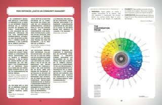 36 37
PERO ENTONCES, ¿QUÉ ES UN COMMUNITY MANAGER?
«EL COMMUNITY MANA-
GER REFLEJA Y GESTIONA
LA PRESENCIA DE LA MAR-
CA EN INTERNET. PERMITE
ENTRAR EN LA CONVER-
SACIÓN DE MANERA NA-
TURAL, ACERCÁNDONOS
A LOS USUARIOS EN LOS
ESPACIOS VIRTUALES EN
LOS QUE INTERACTÚAN
NORMALMENTE. ESTABLE-
CE UNA RELACIÓN AUTÉN-
TICA Y CREÍBLE ENTRE LA
EMPRESA Y SUS CLIENTES
EN EL ÁMBITO DIGITAL»
Eduard Corral de Bloguzz.
«EL CM ES QUIEN SE EN-
CARGA DE CUIDAR Y MAN-
TENER LA COMUNIDAD DE
FIELES SEGUIDORES QUE
LA MARCA O EMPRESA
ATRAIGA, Y SER EL NEXO
DE UNIÓN ENTRE LAS NE-
CESIDADES DE LOS MIS-
MOS Y LAS POSIBILIDADES
DE LA EMPRESA. PARA
ELLO DEBE SER UN VERDA-
DERO EXPERTO EN EL USO
DE LAS HERRAMIENTAS DE
SOCIAL MEDIA»
José Antonio Gallego, presidente de
AERCO (Asociación Española de
Responsables de Comunidades On-
line)
«EL CM DEBE SER LA VOZ
DE LA EMPRESA PUERTAS
AFUERA, Y LA VOZ DEL
CLIENTE PUERTAS ADEN-
TRO»
Connie Besson , Community
Strategist
«ES EL ARTE DE LA GESTIÓN
EFICIENTE DE LA COMU-
NICACIÓN DE OTROS ON-
LINE EN LAS DIFERENTES
HERRAMIENTAS IDÓNEAS
PARA EL TIPO DE CONVER-
SACIÓN QUE CREAMOS
CONVENIENTE CON NUES-
TROS POTENCIALES CLIEN-
TES (YA SEA UN BLOG, UNA
COMUNIDAD A MEDIDA,
UNA CUENTA EN TWITTER,
UNA PÁGINA DE FANS EN
FACEBOOK…) ES EL ROS-
TRO DE LA MARCA»
David Coghlan, profesor en Trinity
Collage de Dublín
«ES ESCUCHAR, RESPON-
DER, INFORMAR, CALLAR,
ESCUCHAR MÁS. UN EJEM-
PLO DE LO QUE NO SERÍA
UN CM: ALGUIEN QUE SABE
DISEÑAR WEBS Y CONTRO-
LAR GESTORES DE CONTE-
NIDO Y NO ES UN CM: UN
EMPLEADO DEL DEPAR-
TAMENTO DE COMUNICA-
CIÓN Y MK, QUE MANTIE-
NE UN BLOG, ABRE UNA
PÁGINA EN FACEBOOK, O
ACTUALIZA EL ESTADO DE
TWITTER... SER CM IMPLICA
ENTENDER QUÉ ESTRATE-
GIA SE DEBE SEGUIR PARA
CONSTRUIR RELACIONES
ALREDEDOR DE LA MARCA
Y MANTENER INTERACCIO-
NES PERSONALES CON LOS
MIEMBROS DE LA COMUNI-
DAD DE LA MARCA A LA
QUE SE REPRESENTA»
Pedro Máiquez, consultor de repu-
tación online
«LA PERSONA ENCARGA-
DA DE CONSTRUIR, HACER
CRECER, GESTIONAR Y DI-
NAMIZAR COMUNIDADES
ALREDEDOR DE UNA MAR-
CA O CAUSA. ES UN NEXO
ENTRE ESA «MARCA» O
«CAUSA» Y EL USUARIO
Palmira Ríos, de Genetsis
«AQUELLA PERSONA EN-
CARGADA O RESPONSA-
BLE DE SOSTENER, ACRE-
CENTAR Y, ENCIERTA
FORMA, DEFENDER LAS
RELACIONES DE LA EM-
PRESA CON SUS CLIENTES
EN EL ÁMBITO DIGITAL,
GRACIAS AL CONOCIMIEN-
TO DE LAS NECESIDADES Y
LOS PLANTEAMIENTOS ES-
TRATÉGICOS DE LA ORGA-
NIZACIÓN Y LOS INTERE-
SES DE LOS CLIENTES. UNA
PERSONA QUE CONOCE
LOS OBJETIVOS Y ACTUAR
EN CONSECUENCIA PARA
CONSEGUIRLOS».
Definición de la AERCO
¿MODELO CORPORATIVO O PERSONAL?
•	 PERSONAL: Figura pública con nombre y
apellidos representante de la empresa. Tono
más espontáneo y comunicación más persona-
lizada. Los usuarios pueden llegar a encon-
trar un amigo al que dirigirse con complicidad.
•	 CELEBRITY: Figura pública reconocida, al menos
en el ámbito de la campaña. Determinar la implica-
ción en el proyecto y contar con el soporte de expertos.
•	 CORPORATIVO: Identidad del logotipo. Refuerzo
imagen de marca. Tono corporativo y capacidad social
más limitada.
Eduard Corral de Bloguzz
 