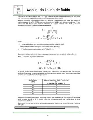 Manual do Laudo de Ruído 
As normas da FUNDACENTRO NHT 07 e NHT 09 foram revisadas se transformando em NHO 01 e 
serviram como base para os conceitos e definições apresentados abaixo. 
Embora não citada, explicitamente, na NR 15 - Anexo 1, a interpretação feita, neste item, baseia-se 
na interpretação da NR 9 (PPRA), que permite recorrer à ACGIH para a determinação dos LT não 
citados nas NR. Desta forma, para se determinar os LT para jornadas acima de 8 h, deve ser 
aplicada a fórmula ou o gráfico apresentados a seguir: 
onde: 
LT = limite de tolerância para uma determinada jornada de trabalho - dB(A) 
T = tempo da jornada requerida para o caso em questão - Horas (h) 
 “5’ é o fator de duplicação us ada na NHT 09 e NR 15. 
Exemplo 1: Cálculo do limite de tolerância para um trabalhador com jornada de trabalho de 10h. 
Para T = 10 horas de jornada de trabalho 
O quadro resumo apresentado abaixo evitará que o leitor tenha que efetuar outros cálculos para 
achar o LT de outras jornadas de trabalho, lembramos que os valores foram aproximados sem casa 
decimal de modo a facilitar cálculos posteriores. 
7 
Nível e Ruído 
(dBA) 
Máxima Exposição Diária Permissível 
(h) 
(Critério ACGIH para q = 5) 
84 9 
83 10 
82 12 
81 14 
80 16 
Observando os exemplos a seguir, é possível concluir que as exposições ao ruído abaixo de 85 dBA 
e/ou jornadas acima de 8 h podem influenciar na caracterização da insalubridade de uma 
determinada atividade. 
Exemplo 1 - Numa casa de força, um operador expõe-se, diariamente, durante 8 horas, à seguinte 
situação: 
Valores Medidos 
 