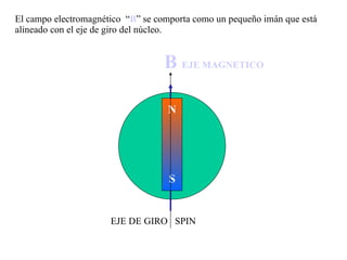 El campo electromagnético  “ B ” se comporta como un pequeño imán que está alineado con el eje de giro del núcleo. N S B  EJE MAGNETICO EJE DE GIRO  SPIN 