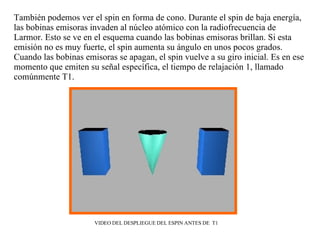 También podemos ver el spin en forma de cono. Durante el spin de baja energía, las bobinas emisoras invaden al núcleo atómico con la radiofrecuencia de Larmor. Esto se ve en el esquema cuando las bobinas emisoras brillan. Si esta emisión no es muy fuerte, el spin aumenta su ángulo en unos pocos grados. Cuando las bobinas emisoras se apagan, el spin vuelve a su giro inicial. Es en ese momento que emiten su señal específica, el tiempo de relajación 1, llamado comúnmente T1. VIDEO DEL DESPLIEGUE DEL ESPIN ANTES DE  T1 