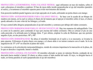 PROYECCIÓN LATEROMEDIAL PARA FALANGE MEDIAL:  aquí utilizamos un taco de madera, sobre el cual, colocamos el miembro a explorar. El haz de rayos debe incidir perpendicular al eje del miembro   (paralelo al suelo), y levantamos el miembro opuesto para evitar movimientos del animal. Esta posición también puede lograrse con el pie apoyado en el suelo, utilizando un porta chasis con mango. PROYECCIÓN ANTEROPOSTERIOR PARA FALANGE DISTAL:  Se hace con la ayuda de un bloque de madera con ranura, en la cual se coloca el chasis de tal manera que al apoyar el miembro sobre el taco, el chasis quede adosado a la cara volar de las falanges y al nudo. El rayo central debe dirigirse perpendicular al eje del miembro y centrarse por debajo del rodete coronario. PROYECCIÓN DORSOPALMAR PARA EL HUESO NAVICULAR:  Hay tres maneras de radiografiarlo. Una es como en la anterior, pero centrando el rayo por encima del rodete coronario. Otra es colocar el pie en una cuña parecida a la utilizada para la falange dista. Y por ultimo, emplear la cuña de Hickman.  q ue nos permite angular el pie, en dos posiciones: 80 º  y 90 º . PROYECCIÓN DORSOPALMAR:  Se ubica el miembro lesionado en el suelo y si es necesario, se levanta la pata opuesta. Utilizamos el porta chasis con mango y el chasis debe ir en intimo contacto con el nudo. Se le da angulacion de 35 º  a 45 º  en relación al plano del suelo. Lo centramos en la articulación metacarpofalangica, siendo de extrema importancia la marcación en la placa, de lo que es derecho e izquierdo, lateral o medial. PROYECCIÓN LATERAL EN FLEXIÓN:  El miembro afectado se pone en máxima flexión, cuidando de no desviarlo hacia medial o lateral. El chasis se ubica contra el lado medial del nudo. El rayo, va dirigido hacia el nudo, en forma paralela al suelo   (perpendicular al eje del miembro) 