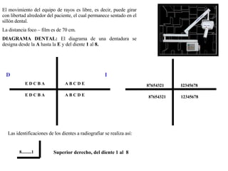 El movimiento del equipo de rayos es libre, es decir, puede girar con libertad alrededor del paciente, el cual permanece sentado en el sillón dental. La distancia foco – film es de 70 cm. DIAGRAMA DENTAL:  El diagrama de una dentadura se designa desde la  A  hasta la  E  y del diente  1  al  8.   E D C B A A B C D E E D C B A A B C D E  D I I2345678 12345678 87654321 87654321 Las identificaciones de los dientes a radiografiar se realiza así:  8.........1 Superior derecho, del diente 1 al  8 