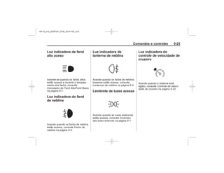Black plate (25,1)Chevrolet S10 Owner's Manual (GMSA-Localizing-Brazil-8064898) - 2015 -
crc - 7/29/14
Comandos e controles 5-25
Luz indicadora de farol
alto aceso
Comutador de Farol Alto/Farol Baixo
na página 6-1
Luz indicadora do farol
de neblina
Faróis de
neblina na página 6-3
Luz indicadora da
lanterna de neblina
Lanternas de neblina na página 6-3
Lembrete de luzes acesas
Controles
das luzes externas na página 6-1
Luz indicadora do
controle de velocidade de
cruzeiro
Controle de veloci-
dade de cruzeiro na página 9-32
MY15_S10_52097291_POR_20141105_v0.5
 