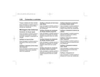 Black plate (30,1)Chevrolet S10 Owner's Manual (GMSA-Localizing-Brazil-8064898) - 2015 -
crc - 7/29/14
5-30 Comandos e controles
Troque a bateria da chave remota
Mensagens das lanternas
Sinalizador de direção ligado
Verifique as luzes de freio
Verifique a lâmpada do farol baixo
lado esquerdo
Verifique a lâmpada do farol baixo
lado direito
Verifique lâmpada do sinalizador
de direção dianteiro esquerdo
Verifique lâmpada do sinalizador
de direção dianteiro direito
Verifique lâmpada do sinalizador
de direção traseiro esquerdo
Verifique lâmpada do sinalizador
de direção traseiro direito
Verifique a lâmpada da lanterna de
neblina
Verifique a lâmpada da lanterna
diant. esquerda
Verifique a lâmpada da lanterna
diant. direita
Verifique a lâmpada de ré
MY15_S10_52097291_POR_20141105_v0.5
 