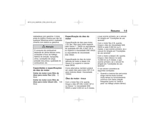 Black plate (5,1)Chevrolet S10 Owner's Manual (GMSA-Localizing-Brazil-8064898) - 2015 -
crc - 7/29/14
Resumo 1-5
{ Atenção
Capacidades e especificações
do óleo do motor
Cárter do motor (com filtro de
óleo) para motor flex 2,5L:
Cárter do motor (com filtro de
óleo) para motor diesel 2,8L:
Especificação do óleo do
motor
Óleo do motor - troca
.
MY15_S10_52097291_POR_20141105_v0.5
 