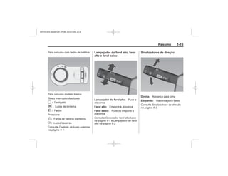 Black plate (15,1)Chevrolet S10 Owner's Manual (GMSA-Localizing-Brazil-8064898) - 2015 -
crc - 7/29/14
Resumo 1-15
9 :
; :
2 :
# :
s :
Controle de luzes externas
na página 6-1
Lampejador do farol alto, farol
alto e farol baixo
Lampejador do farol alto:
Farol alto:
Farol baixo:
Comutador farol alto/baixo
na página 6-1 Lampejador de farol
alto na página 6-2
Sinalizadores de direção
Direita:
Esquerda:
Sinalizadores de direção
na página 6-3
MY15_S10_52097291_POR_20141105_v0.5
 