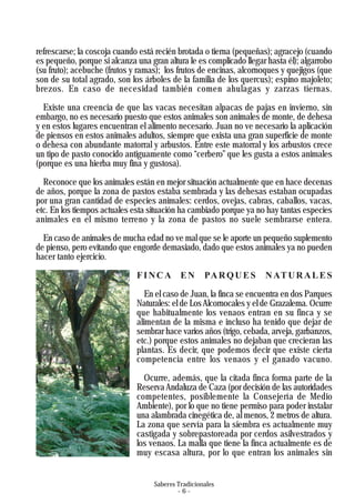 refrescarse; la coscoja cuando está recién brotada o tierna (pequeñas); agracejo (cuando
es pequeño, porque si alcanza una gran altura le es complicado llegar hasta él); algarrobo
(su fruto); acebuche (frutos y ramas); los frutos de encinas, alcornoques y quejigos (que
son de su total agrado, son los árboles de la familia de los quercus); espino majoleto;
brezos. En caso de necesidad también comen ahulagas y zarzas tiernas.
Existe una creencia de que las vacas necesitan alpacas de pajas en invierno, sin
embargo, no es necesario puesto que estos animales son animales de monte, de dehesa
y en estos lugares encuentran el alimento necesario. Juan no ve necesario la aplicación
de piensos en estos animales adultos, siempre que exista una gran superficie de monte
o dehesa con abundante matorral y arbustos. Entre este matorral y los arbustos crece
un tipo de pasto conocido antiguamente como “cerbero” que les gusta a estos animales
(porque es una hierba muy fina y gustosa).
Reconoce que los animales están en mejor situación actualmente que en hace decenas
de años, porque la zona de pastos estaba sembrada y las dehesas estaban ocupadas
por una gran cantidad de especies animales: cerdos, ovejas, cabras, caballos, vacas,
etc. En los tiempos actuales esta situación ha cambiado porque ya no hay tantas especies
animales en el mismo terreno y la zona de pastos no suele sembrarse entera.
En caso de animales de mucha edad no ve mal que se le aporte un pequeño suplemento
de pienso, pero evitando que engorde demasiado, dado que estos animales ya no pueden
hacer tanto ejercicio.
FINCA EN PARQUES NATURALES
En el caso de Juan, la finca se encuentra en dos Parques
Naturales: el de LosAlcornocales y el de Grazalema. Ocurre
que habitualmente los venaos entran en su finca y se
alimentan de la misma e incluso ha tenido que dejar de
sembrar hace varios años (trigo, cebada, arveja, garbanzos,
etc.) porque estos animales no dejaban que crecieran las
plantas. Es decir, que podemos decir que existe cierta
competencia entre los venaos y el ganado vacuno.
Ocurre, además, que la citada finca forma parte de la
Reserva Andaluza de Caza (por decisión de las autoridades
competentes, posiblemente la Consejería de Medio
Ambiente), por lo que no tiene permiso para poder instalar
una alambrada cinegética de, al menos, 2 metros de altura.
La zona que servía para la siembra es actualmente muy
castigada y sobrepastoreada por cerdos asilvestrados y
los venaos. La malla que tiene la finca actualmente es de
muy escasa altura, por lo que entran los animales sin
Saberes Tradicionales
- 6 -
 