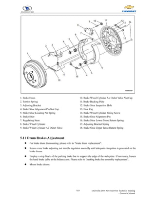 101 Chevrolet 2010 New Sail New Technical Training
- Learner's Manual
1. Brake Drum
2. Torsion Spring
3. Adjusting Bracket
4. Brake Shoe Alignment Pin Nut Cap
5. Brake Shoe Locating Pin Spring
6. Brake Shoe
7. Regulating Stem
8. Brake Wheel Cylinder
9. Brake Wheel Cylinder Air Outlet Valve
10. Brake Wheel Cylinder Air Outlet Valve Nut Cap
11. Brake Backing Plate
12. Brake Shoe Inspection Hole
13. Dust Cap
14. Brake Wheel Cylinder Fixing Screw
15. Brake Shoe Alignment Pin
16. Brake Shoe Lower Tense Return Spring
17. Adjusting Bracket Spring
18. Brake Shoe Upper Tense Return Spring
5.11 Drum Brakes Adjustment
z For brake drum dismounting, please refer to "brake drum replacement".
z Screw a rear brake adjusting nut into the regulator assembly until adequate elongation is generated on the
brake drums.
z Employ a stop block of the parking brake bar to support the edge of the web plate. If necessary, loosen
the hand brake cable at the balance arm. Please refer to "parking brake bar assembly replacement".
z Mount brake drums.
 