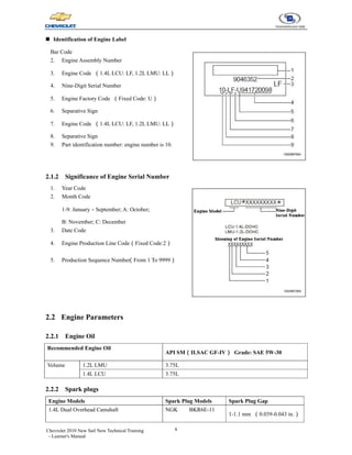8
Chevrolet 2010 New Sail New Technical Training
- Learner's Manual
„ Identification of Engine Label
Bar Code
2. Engine Assembly Number
3. Engine Code （1.4L LCU: LF, 1.2L LMU: LL）
4. Nine-Digit Serial Number
5. Engine Factory Code （Fixed Code: U）
6. Separative Sign
7. Engine Code （1.4L LCU: LF, 1.2L LMU: LL）
8. Separative Sign
9. Part identification number: engine number is 10.
2.1.2 Significance of Engine Serial Number
1. Year Code
2. Month Code
1-9: January－September; A: October;
B: November; C: December
3. Date Code
4. Engine Production Line Code（Fixed Code:2）
5. Production Sequence Number
（From 1 To 9999）
2.2 Engine Parameters
2.2.1 Engine Oil
Recommended Engine Oil
API SM（ILSAC GF-IV） Grade: SAE 5W-30
Volume 1.2L LMU 3.75L
1.4L LCU 3.75L
2.2.2 Spark plugs
Engine Models Spark Plug Models Spark Plug Gap
1.4L Dual Overhead Camshaft NGK BKR6E-11
1-1.1 mm （0.039-0.043 in.）
 