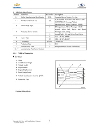2
Chevrolet 2010 New Sail New Technical Training
- Learner's Manual
4. VIN Code Identification:
Position Definition Character Description
1-3 Global Manufacturing Identification LSG Shanghai General Motors Co., Ltd.
4-5 Brand and Vehicle Model SA
SGM7120MT, SGM7120AMT, SGM7142MT,
SGM7142AMT Passenger Vehicle
6 Vehicle Body Style
5 3-Compartment, 4-Door Passenger Vehicle
6 2-Compartment, 4-Door Passenger Vehicle
7 Protecting Device System
2
Manual Safety Belt, Driver and Front
Passenger Front Airbag
8 Manual Safety Belt and Driver Front Airbag
8 Engine Type
S 1.2L, 1.4, MFI, DOHC
M 1.2L, 1.4, MFI, DOHC
9 Check Digit 0-9 o X Check Code
10 Production Year A 2010
11 Manufacturing Plant Y Shanghai General Motors Yantai Plant
12-17 Manufacturing Plant Serial Number
1.1.2 Vehicle Nameplate
„ Certificate
1. Seats
2. Total Vehicle Weight
3. Vehicle Model
4. Engine Model
5. Engine Displacement
6. Rated Engine Power
7. Vehicle Identification Number （VIN）
8. Production Date
Position of Certificate
 