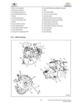 57 Chevrolet 2010 New Sail New Technical Training
- Learner's Manual
1. Rear Cover Assembly
2. Rear Harness Bracket
3. Oil Charging Plug Screw
4. Oil Discharging Plug Screw
5. Washer
6. Clutch Cable Bracket
7. Clutch Cable Bracket Bolt
8. Washer
9. Reverse Shaft Lock Bolt
10. Gear Shift Stop Bolt
11. Gear Shift Stop Bolt Washer
12. Gear Shift Bracket
13. Control Cover Alignment Pin
14. Gear Shift Rocker and Bracket Assembly
15. Bolt
16. Gear Shift Paddle
17. Control Cover Assembly
18. Odometer Bolt
19. Odometer Driven Gear Assembly
20. Release Shift Fork Positioning Bolt
21. Clutch Release Shift Fork
22. Release Bearing Assembly
23. Clutch Release Rocker Component
24. Front Housing
25. Housing Bolt
26. Rear Housing
3.4.2 SH63A Housing
 