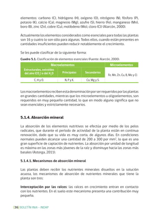 BOLETÍN INIA - INDAP[36]
Principales Secundarios
Fe, Mn, Zn, Cu, B, Mo y Cl
C, H y O. N, P y K. Ca, Mg y S.
Cuadro 5.1. Clasificación de elementos esenciales (Fuente: Alarcón, 2000).
Estructurales, extraídos
del aire (CO2
) o del H2
O
Microelementos
elementos: carbono (C), hidrógeno (H), oxígeno (O), nitrógeno (N), fósforo (P),
potasio (K), calcio (Ca), magnesio (Mg), azufre (S), hierro (Fe), manganeso (Mn),
boro (B), zinc (Zn), cobre (Cu), molibdeno (Mo), cloro (Cl) (Alarcón, 2000).
Actualmente los elementos considerados como esenciales para todas las plantas
son 16 y cuatro lo son sólo para algunas. Todos ellos, cuando están presentes en
cantidades insuficientes pueden reducir notablemente el crecimiento.
Se les puede clasificar de la siguiente forma:
Losmacroelementosrecibenestadenominaciónporserrequeridosporlasplantas
en grandes cantidades, mientras que los microelementos u oligoelementos, son
requeridos en muy pequeña cantidad, lo que en modo alguno significa que no
sean esenciales y estrictamente necesarios.
5.1.4. Absorción mineral
La absorción de los elementos nutritivos se efectúa por medio de los pelos
radicales, que durante el período de actividad de la planta están en continua
renovación, dado que su vida es muy corta, de algunos días. En condiciones
normales pueden alcanzar una cantidad de 200 a 300 por mm2
, lo que es una
gran superficie de captación de nutrientes. La absorción por unidad de longitud
es máxima en las zonas más jóvenes de la raíz y disminuye hacia las zonas más
basales (Astorga, 2011).
5.1.4.1. Mecanismos de absorción mineral
Las plantas deben recibir los nutrientes minerales disueltos en la solución
acuosa, los mecanismos de absorción de nutrientes minerales que tiene la
planta son tres:
Interceptación por las raíces: las raíces en crecimiento entran en contacto
con los nutrientes. En el suelo este mecanismo presenta una contribución muy
pequeña.
 