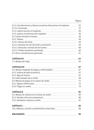 6.1.3. Consideraciones y labores en potrero días previos al trasplante 52
6.1.3.1. Acolchado 52
6.1.4. Labores previas al trasplante 56
6.1.5. Labores al momento del trasplante 56
6.2. Cultivo forzado en túneles 58
6.2.1. Túneles 58
6.2.1.1. Efectos del túnel 59
6.2.1.2. Volumen de aire del túnel y ventilación 59
6.2.1.3. Aireación o ventilación de túneles 60
6.2.1.4. Túneles de plástico perforado 60
6.3. Otras consideraciones generales 61
CAPÍTULO VII 63
7.1. Manejo del riego 63
CAPÍTULO VIII 67
8.1. Manejo integrado de plagas y enfermedades 67
8.1.1. Umbral de daño económico 67
8.1.2. Algo de historia 67
8.2. Enfermedades de la sandía 69
8.3. Manejo de plagas en el cultivo de sandía 71
8.3.1. Algunas definiciones 72
8.3.2. Plagas en sandía 74
CAPÍTULO IX 85
9.1. Manejo de malezas en el cultivo de sandía 85
9.1.1. Período crítico de competencia 86
9.1.2. Alelopatía, malezas y sandía 87
CAPÍTULO X 89
10.1. Madurez, cosecha y rendimientos comerciales 89
BIBLIOGRAFÍA 90
 