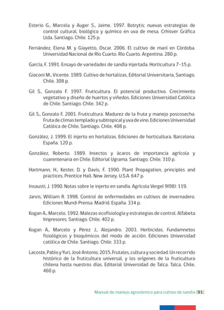 Manual de manejo agronómico para cultivo de sandía [91]
Esterio G., Marcela y Auger S., Jaime. 1997. Botrytis: nuevas estrategias de
control cultural, biológico y químico en uva de mesa. Crhisver Gráfica
Ltda. Santiago. Chile. 125 p.
Fernández, Elena M. y Giayetto, Oscar. 2006. El cultivo de maní en Córdoba.
Universidad Nacional de Río Cuarto. Río Cuarto. Argentina. 280 p.
García, F. 1991. Ensayo de variedades de sandía injertada. Horticultura 7-15 p.
Giaconi M., Vicente. 1989. Cultivo de hortalizas, Editorial Universitaria, Santiago.
Chile. 308 p.
Gil S., Gonzalo F. 1997. Fruticultura. El potencial productivo. Crecimiento
vegetativo y diseño de huertos y viñedos. Ediciones Universidad Católica
de Chile. Santiago. Chile. 342 p.
Gil S., Gonzalo F. 2001. Fruticultura. Madurez de la fruta y manejo poscosecha.
Frutadeclimastempladoysubtropicalyuvadevino.EdicionesUniversidad
Católica de Chile. Santiago. Chile. 408 p.
González, J. 1999. El injerto en hortalizas. Ediciones de horticultura. Barcelona.
España. 120 p.
González, Roberto. 1989. Insectos y ácaros de importancia agrícola y
cuarentenaria en Chile. Editorial Ugrama. Santiago. Chile. 310 p.
Hartmann, H., Kester, D. y Davis, F. 1990. Plant Propagation, principles and
practices. Prentice Hall. New Jersey. U.S.A. 647 p.
Insausti, J. 1990. Notas sobre le injerto en sandía. Agrícola Vergel 9(98): 119.
Jarvis, William R. 1998. Control de enfermedades en cultivos de invernadero.
Ediciones Mundi Prensa. Madrid. España. 334 p.
Kogan A., Marcelo. 1992. Malezas ecofisiología y estrategias de control. Alfabeta
Impresores. Santiago. Chile. 402 p.
Kogan A., Marcelo y Pérez J., Alejandro. 2003. Herbicidas. Fundamnetos
fisiológicos y bioquímicos del modo de acción. Ediciones Universidad
católica de Chile. Santiago. Chile. 333 p.
Lacoste,PabloyYuri,JoséAntonio.2015.Frutales,culturaysociedad.Unrecorrido
histórico de la fruticultura universal, y los orígenes de la fruticultura
chilena hasta nuestros días. Editorial Universidad de Talca. Talca. Chile.
460 p.
 