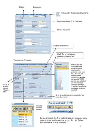 Código          Descripción


                                                                    Indicación de campo obligatorio



                                                              Grupo de artículos. P. ej Telematel.




                                                              Familia Descuento




                                                         Unidad de compra



                                                              UMP En el pedido se
                                                              pueden poner otras
                                                              unidades
            Ventana de Compras

                                                                                   Los Grupos de
                                                                                   compra son los
                                                                                   encargados de
                                                                                   gestionar los
                                                                                   pedidos, en el caso
                                                                                   de Ticsa son las
                                                                                   Delegaciones.
                                                                                   Cuando un técnico
                                                                                   de Abantia TICSA
                                                                                   genera una solicitud
                                                                                   de compra debe
Si UN es                                                                           escoger el código
envase                                                                             ZTO para el resto de
marcar                                                                             empresas el código
“Sujeto a                                                                          es ZCO
lote”

                                                            Si es de un fabricante introducir el nº de
                                                            pieza del mismo




                                    Indicador
                                    impuesto
                                    material.




                                          En los artículos A o T el material está en unidades pero
                                          realmente se puede comprar en m., Kg., en Datos
                                          Adicionales se puede introducir

                                                                                               3
 