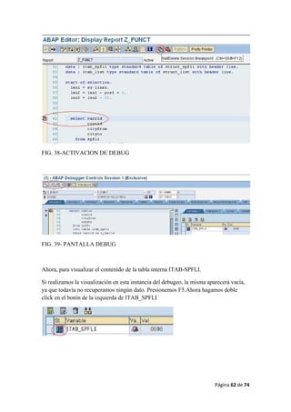 Página 62 de 74 
 
FIG. 38-ACTIVACION DE DEBUG
FIG. 39- PANTALLA DEBUG
Ahora, para visualizar el contenido de la tabla interna ITAB-SPFLI.
Si realizamos la visualización en esta instancia del debugeo, la misma aparecerá vacía,
ya que todavía no recuperamos ningún dato. Presionemos F5.Ahora hagamos doble
click en el botón de la izquierda de ITAB_SPFLI
 