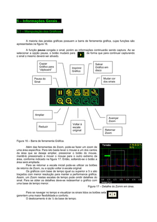 5 – Informações Gerais ... 
5.1 – Manipulação dos Gráficos.. 
A maioria das janelas gráficas possuem a barra de ferramenta gráfica, cujas funções são 
apresentadas na figura 16. 
A função pausa congela o sinal, porém as informações continuarão sendo captura. Ao se 
selecionar a opção pausa, o botão mudará para de forma que para continuar capturando 
o sinal o mesmo deverá ser ativado. 
Copiar 
Gráfico para 
“clipboard” Imprimir 
Pausa do 
Sinal 
Ampliar 
Figura 16 – Barra de ferramenta Gráfica. 
Gráfico 
Além das ferramentas de Zoom, pode-se fazer um zoom de 
uma área específica. Para isto basta levar o mouse a um dos cantos 
da área que se deseja ampliar, pressionar o botão do mouse, 
mantê-lo pressionado e mover o mouse para o outro extremo da 
área, conforme indicado na figura 17. Então, soltando-se o botão a 
área será ampliada. 
Para se retornar a escala inicial pode-se utilizar os botões 
de retorno de Zoom, ou a opção voltar à escala original. 
Os gráficos com base de tempo igual ou superior a 5 s são 
traçados com menor resolução para manter a performance gráfica. 
Assim, um Zoom nestas escalas de tempo pode omitir detalhes do 
sinal. Para se obter os detalhes deve-se redesenhar o gráfico com 
uma base de tempo menor. 
Avançar 
Zoom 
Figura 17 – Detalhe do Zomm em área. 
Para se navegar no tempo e visualizar os sinais lidos os botões seta 
garentem uma maior flexibilidade.e conforto. 
O deslocamento é de ¼ da base de tempo. 
Salvar 
Gráfico em 
disco 
Mudar cor 
dos sinais 
Retornar 
Zoom 
Reduzir 
Voltar à 
escala 
original 
 