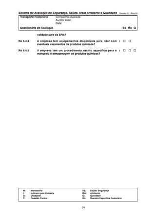 Sistema de Avaliação de Segurança, Saúde, Meio Ambiente e Qualidade Revisão 01 – Maio/04 
Transporte Rodoviário Companhia Avaliada: 
Auditor Líder: 
Data: 
Questionário de Avaliação SS MA Q 
M: Mandatório SS: Saúde/ Segurança 
I: Indicado pela Indústria MA: Ambiente 
D: Desejável Q: Qualidade 
C: Questão Central Ro: Questão Específica Rodoviário 
99 
validade para os EPIs? 
Ro 6.4.4 A empresa tem equipamentos disponíveis para lidar com 
eventuais vazamentos de produtos químicos? 
Ro 6.4.5 A empresa tem um procedimento escrito específico para o 
manuseio e armazenagem de produtos químicos? 
… 
… 
I 
I 
… 
… … 
