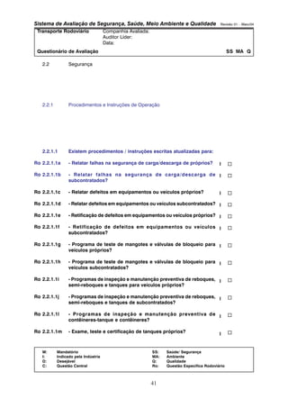 Sistema de Avaliação de Segurança, Saúde, Meio Ambiente e Qualidade Revisão 01 – Maio/04 
Transporte Rodoviário Companhia Avaliada: 
Auditor Líder: 
Data: 
Questionário de Avaliação SS MA Q 
M: Mandatório SS: Saúde/ Segurança 
I: Indicado pela Indústria MA: Ambiente 
D: Desejável Q: Qualidade 
C: Questão Central Ro: Questão Específica Rodoviário 
41 
2.2 Segurança 
2.2.1 Procedimentos e Instruções de Operação 
2.2.1.1 Existem procedimentos / instruções escritas atualizadas para: 
Ro 2.2.1.1a - Relatar falhas na segurança de carga/descarga de próprios? 
Ro 2.2.1.1b - Relatar falhas na segurança de carga/descarga de 
subcontratados? 
Ro 2.2.1.1c - Relatar defeitos em equipamentos ou veículos próprios? 
Ro 2.2.1.1d - Relatar defeitos em equipamentos ou veículos subcontratados? 
Ro 2.2.1.1e - Retificação de defeitos em equipamentos ou veículos próprios? 
Ro 2.2.1.1f - Retificação de defeitos em equipamentos ou veículos 
subcontratados? 
Ro 2.2.1.1g - Programa de teste de mangotes e válvulas de bloqueio para 
veículos próprios? 
Ro 2.2.1.1h - Programa de teste de mangotes e válvulas de bloqueio para 
veículos subcontratados? 
Ro 2.2.1.1i - Programas de inspeção e manutenção preventiva de reboques, 
semi-reboques e tanques para veículos próprios? 
Ro 2.2.1.1j - Programas de inspeção e manutenção preventiva de reboques, 
semi-reboques e tanques de subcontratados? 
Ro 2.2.1.1l - Programas de inspeção e manutenção preventiva de 
contêineres-tanque e contêineres? 
Ro 2.2.1.1m - Exame, teste e certificação de tanques próprios? 
… 
… 
… 
… 
… 
… 
… 
… 
… 
… 
… 
… 
I 
I 
I 
I 
I 
I 
I 
I 
I 
I 
I 
I 
 