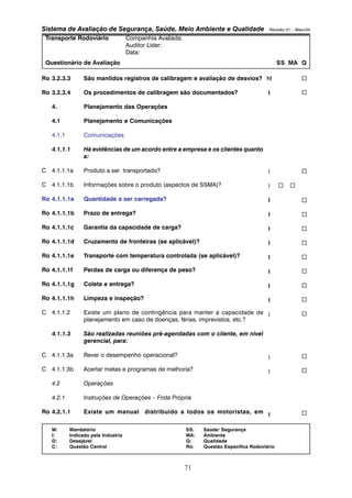 Sistema de Avaliação de Segurança, Saúde, Meio Ambiente e Qualidade Revisão 01 – Maio/04 
Transporte Rodoviário Companhia Avaliada: 
Auditor Líder: 
Data: 
Questionário de Avaliação SS MA Q 
Ro 3.2.3.3 São mantidos registros de calibragem e avaliação de desvios? 
Ro 3.2.3.4 Os procedimentos de calibragem são documentados? 
M: Mandatório SS: Saúde/ Segurança 
I: Indicado pela Indústria MA: Ambiente 
D: Desejável Q: Qualidade 
C: Questão Central Ro: Questão Específica Rodoviário 
71 
4. Planejamento das Operações 
4.1 Planejamento e Comunicações 
4.1.1 Comunicações 
4.1.1.1 Há evidências de um acordo entre a empresa e os clientes quanto 
a: 
C 4.1.1.1a Produto a ser transportado? 
C 4.1.1.1b Informações sobre o produto (aspectos de SSMA)? 
Ro 4.1.1.1a Quantidade a ser carregada? 
Ro 4.1.1.1b Prazo de entrega? 
Ro 4.1.1.1c Garantia da capacidade de carga? 
Ro 4.1.1.1d Cruzamento de fronteiras (se aplicável)? 
Ro 4.1.1.1e Transporte com temperatura controlada (se aplicável)? 
Ro 4.1.1.1f Perdas de carga ou diferença de peso? 
Ro 4.1.1.1g Coleta e entrega? 
Ro 4.1.1.1h Limpeza e inspeção? 
C 4.1.1.2 Existe um plano de contingência para manter a capacidade de 
planejamento em caso de doenças, férias, imprevistos, etc.? 
4.1.1.3 São realizadas reuniões pré-agendadas com o cliente, em nível 
gerencial, para: 
C 4.1.1.3a Rever o desempenho operacional? 
C 4.1.1.3b Acertar metas e programas de melhoria? 
4.2 Operações 
4.2.1 Instruções de Operações – Frota Própria 
Ro 4.2.1.1 Existe um manual distribuído a todos os motoristas, em 
M 
I 
I 
I 
I 
I 
I 
I 
I 
I 
I 
I 
I 
I 
I 
I 
… 
… 
… 
… 
… 
… 
… 
… 
… 
… 
… 
… 
… 
… 
… 
… … 
 