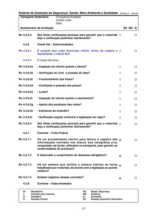 Sistema de Avaliação de Segurança, Saúde, Meio Ambiente e Qualidade Revisão 01 – Maio/04 
Transporte Rodoviário Companhia Avaliada: 
Auditor Líder: 
Data: 
Questionário de Avaliação SS MA Q 
Ro 4.2.5.3 São feitas verificações pontuais para garantir que o motorista 
faça a verificação preliminar diariamente? 
M: Mandatório SS: Saúde/ Segurança 
I: Indicado pela Indústria MA: Ambiente 
D: Desejável Q: Qualidade 
C: Questão Central Ro: Questão Específica Rodoviário 
83 
4.2.6 Check list – Subcontratados 
Ro 4.2.6.1 É exigido que cada motorista utilize, antes da viagem e 
diariamente, o check list? 
4.2.6.2 O check list inclui: 
Ro 4.2.6.2a - Inspeção do veículo quanto a danos? 
Ro 4.2.6.2b - Verificação do nível e pressão do óleo? 
Ro 4.2.6.2c - Funcionamento dos freios? 
Ro 4.2.6.2d - Condições e pressão dos pneus? 
Ro 4.2.6.2e - Luzes? 
Ro 4.2.6.2f - Inspeção do veículo quanto a vazamentos? 
Ro 4.2.6.2g - Aperto dos parafusos das rodas? 
Ro 4.2.6.2h - Extintores de incêndio? 
Ro 4.2.6.2i - Verificação exigida conforme a legislação em vigor? 
Ro 4.2.6.3 São feitas verificações pontuais para garantir que o motorista 
faça a verificação preliminar diariamente? 
4.2.7 Controle – Frota Própria 
Ro 4.2.7.1 Há um procedimento escrito para leitura e registro das 
informações contidas nos discos dos tacógrafos e/ou 
computador de bordo, utilizados no transporte, para garantir as 
conformidades do processo? 
Ro 4.2.7.2 É observado o cumprimento do descanso obrigatório? 
Ro 4.2.7.3 Há um sistema que verifica o número máximo de horas 
trabalhadas por motorista, de acordo com a legislação ou acordo 
coletivo? 
Ro 4.2.7.4 Existem registros desses controles? 
4.2.8 Controle – Subcontratados 
I 
I 
I 
I 
I 
I 
I 
I 
I 
I 
I 
I 
M 
M 
M 
M 
… 
… 
… 
… 
… 
… 
… 
… 
… 
… 
… 
… 
… 
… 
… 
… 
 