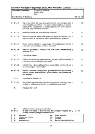 Sistema de Avaliação de Segurança, Saúde, Meio Ambiente e Qualidade Revisão 01 – Maio/04 
Transporte Rodoviário Companhia Avaliada: 
Auditor Líder: 
Data: 
Questionário de Avaliação SS MA Q 
C 5.1.1.1 Há uma política de segurança patrimonial assinada pela alta 
administração que enfatize a importância de proteção a pessoas e 
propriedades e estabeleça as práticas operacionais contra perdas 
por destruição intencional ou roubo? 
C 5.1.1.2 Há evidências de que essa política é cumprida? 
C 5.1.1.3 Há um número de telefone 24 horas que possa ser acionado em 
caso de roubo de mercadoria, danos a propriedade e ameaças? 
C 5.1.1.4 Há um sistema satisfatório para proteger informações sobre clientes 
e produtos armazenados, conforme contrato? 
Ro 5.1.1.5 O local é guardado 24 horas por dia, com sistema de câmeras e 
M: Mandatório SS: Saúde/ Segurança 
I: Indicado pela Indústria MA: Ambiente 
D: Desejável Q: Qualidade 
C: Questão Central Ro: Questão Específica Rodoviário 
89 
central CFTV? 
5.1.2 Controle de acesso 
C 5.1.2.1 Existem procedimentos para monitorar a entrada e saída de pessoas 
e veículos, como medida de segurança? 
C 5.1.2.2 A distribuição e duplicação de chaves para prédios, veículos e áreas 
de armazenagem é controlada? 
Ro 5.1.2.3 O local é cercado e tem portões que são fechados e trancados 
fora do horário de trabalho ou quando não há necessidade de 
sua abertura? 
5.1.3 Inspeções de Segurança 
C 5.1.3.1 São feitas inspeções nas instalações e operações periódicas para 
verificar se estão de acordo com os padrões de segurança? 
6. Inspeção do Local 
6.1 Edifícios, terrenos e equipamentos fixos 
Ro 6.1.1 O local tem todas as autorizações de operação exigidas, de 
acordo com as operações ali realizadas? 
… 
… 
… 
… 
… 
… 
… 
… 
… 
I 
I 
I 
I 
D 
I 
I 
D 
D 
M … … 
 