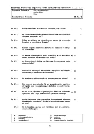 Sistema de Avaliação de Segurança, Saúde, Meio Ambiente e Qualidade Revisão 01 – Maio/04 
Transporte Rodoviário Companhia Avaliada: 
Auditor Líder: 
Data: 
Questionário de Avaliação SS MA Q 
Ro 6.1.2 Existe um sistema de iluminação suficiente para o local? 
Ro 6.1.3 Os cuidados de manutenção estão em bom nível de organização 
M: Mandatório SS: Saúde/ Segurança 
I: Indicado pela Indústria MA: Ambiente 
D: Desejável Q: Qualidade 
C: Questão Central Ro: Questão Específica Rodoviário 
91 
(limpeza, arrumação, etc.)? 
Ro 6.1.4 Existe um sistema de comunicação/ alarme de evacuação 
instalado e com sistema de apoio? 
Ro 6.1.5 Existem calçadas e caminhos demarcados afastados do tráfego 
de caminhões? 
Ro 6.1.6 As saídas de emergência estão sinalizadas e são suficientes 
para o abandono dos edifícios com rapidez? 
Ro 6.1.7 As inspeções de todos os sistemas de segurança estão 
documentadas? 
Ro 6.1.8 O local das instalações da empresa é apropriado ao acesso e 
movimentação de veículos e caminhões ? 
Ro 6.1.9 Há sinalização e identificação de segurança para o público? 
Ro 6.1.10 Em caso de emergência, há um procedimento, escrito e 
divulgado, para evacuação segura de todo o pessoal, interno e 
externo? 
Ro 6.1.11 Há no local sistemas de prevenção e combate a incêndio 
aprovados pelo Corpo de Bombeiros (laudo de vistoria)? 
Ro 6.1.12 O piso da área de estacionamento e de manobras é adequado 
para veículos carregados? Se não, há acessórios para o suporte 
do peso? 
6.1.13 Há instalações seguras, bem mantidas e com procedimentos 
documentados para: 
I 
I 
I 
I 
M 
I 
I 
I 
I 
M 
I 
… 
… 
… 
… 
… 
… 
… 
… 
… 
… 
… 
 