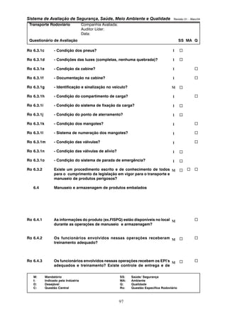 Sistema de Avaliação de Segurança, Saúde, Meio Ambiente e Qualidade Revisão 01 – Maio/04 
Transporte Rodoviário Companhia Avaliada: 
Auditor Líder: 
Data: 
Questionário de Avaliação SS MA Q 
M: Mandatório SS: Saúde/ Segurança 
I: Indicado pela Indústria MA: Ambiente 
D: Desejável Q: Qualidade 
C: Questão Central Ro: Questão Específica Rodoviário 
97 
Ro 6.3.1c - Condição dos pneus? 
Ro 6.3.1d - Condições das luzes (completas, nenhuma quebrada)? 
Ro 6.3.1e - Condição da cabine? 
Ro 6.3.1f - Documentação na cabine? 
Ro 6.3.1g - Identificação e sinalização no veículo? 
Ro 6.3.1h - Condição do compartimento de carga? 
Ro 6.3.1i - Condição do sistema de fixação da carga? 
Ro 6.3.1j - Condição do ponto de aterramento? 
Ro 6.3.1k - Condição dos mangotes? 
Ro 6.3.1l - Sistema de numeração dos mangotes? 
Ro 6.3.1m - Condição das válvulas? 
Ro 6.3.1n - Condição das válvulas de alívio? 
Ro 6.3.1o - Condição do sistema de parada de emergência? 
Ro 6.3.2 Existe um procedimento escrito e de conhecimento de todos 
para o cumprimento da legislação em vigor para o transporte e 
manuseio de produtos perigosos? 
6.4 Manuseio e armazenagem de produtos embalados 
Ro 6.4.1 As informações do produto (ex.FISPQ) estão disponíveis no local 
durante as operações de manuseio e armazenagem? 
Ro 6.4.2 Os funcionários envolvidos nessas operações receberam 
treinamento adequado? 
Ro 6.4.3 Os funcionários envolvidos nessas operações recebem os EPI’s 
adequados e treinamento? Existe controle de entrega e de 
I 
I 
I 
I 
M 
I 
I 
I 
I 
I 
I 
I 
I 
M 
M 
M 
M 
… 
… 
… 
… 
… 
… 
… 
… 
… 
… 
… 
… 
… 
… 
… 
… 
… 
… 
… 
… 
… 
 