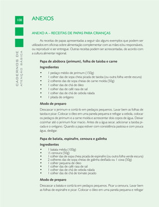 108
CADERNOSDE
ATENÇÃOBÁSICA
ANEXOS
ANEXO A – RECEITAS DE PAPAS PARA CRIANÇAS
As receitas de papas apresentadas a seguir são alguns exemplos que podem ser
utilizados em oﬁcinas sobre alimentação complementar com as mães e/ou responsáveis,
ou reproduzir e ser entregue. Outras receitas podem ser acrescentadas, de acordo com
a cultura alimentar regional.
Papa de abóbora (jerimum), folha de taioba e carne
Ingredientes
1 pedaço médio de jerimum (150g)•
1 colher das de sopa cheia picada de taioba (ou outra folha verde escura)•
2 colheres das de sopa cheias de carne moída (50g)•
1 colher das de chá de óleo•
1 colher das de café rasa de sal•
1 colher das de chá de cebola ralada•
1 pitada de orégano•
Modo de preparo
Descascar o jerimum e cortá-lo em pedaços pequenos. Lavar bem as folhas de
taioba e picar. Colocar o óleo em uma panela pequena e refogar a cebola, colocar
os pedaços de jerimum e a carne moída e acrescentar dois copos de água. Deixar
cozinhar até o jerimum ﬁcar macio. Antes de a água secar, adicionar a taioba pi-
cada e o orégano. Quando a papa estiver com consistência pastosa e com pouca
água, desligar.
Papa de batata, espinafre, cenoura e galinha
Ingredientes
1 batata média (100g)•
½ cenoura (50g)•
1 colher das de sopa cheia picada de espinafre (ou outra folha verde escura)•
2 colheres das de sopa cheias de galinha desﬁada ou 1 coxa (50g)•
1 colher pequena de óleo•
1 colher das de café rasa de sal•
1 colher das de chá de cebola ralada•
1 colher das de chá de tomate picado•
Modo de preparo
Descascar a batata e cortá-la em pedaços pequenos. Picar a cenoura. Lavar bem
as folhas de espinafre e picar. Colocar o óleo em uma panela pequena e refogar
 