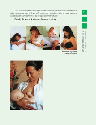 23
CADERNOSDE
ATENÇÃOBÁSICA
Todo proﬁssional de saúde que faz assistência a mães e bebês deve saber observar
criticamente uma mamada. A seguir são apresentados os diversos itens que os proﬁssio-
nais de saúde devem conferir na observação de uma mamada:
Posição da Mãe – A mãe escolhe uma posição
Posição de Jogador de
Futebol Americano
 