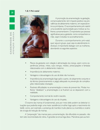 28
CADERNOSDE
ATENÇÃOBÁSICA
1.8.1 Pré-natal
A promoção da amamentação na gestação,
comprovadamente, tem impacto positivo nas pre-
valências de aleitamento materno, em especial en-
tre as primíparas. O acompanhamento pré-natal é
uma excelente oportunidade para motivar as mu-
lheres a amamentarem. É importante que pessoas
signiﬁcativas para a gestante, como companheiro e
mãe, sejam incluídas no aconselhamento.
Durante o acompanhamento pré-natal,
quer seja em grupo, quer seja no atendimento in-
dividual, é importante dialogar com as mulheres,
abordando os seguintes aspectos:
Planos da gestante com relação à alimentação da criança, assim como ex-•
periências prévias, mitos, suas crenças, medos, preocupações e fantasias
relacionados com o aleitamento materno;
Importância do aleitamento materno;•
Vantagens e desvantagens do uso de leite não humano;•
Importância da amamentação logo após o parto, do alojamento conjunto e•
da técnica (posicionamento e pega) adequada na prevenção de complica-
ções relacionadas à lactação;
Possíveis diﬁculdades na amamentação e meios de preveni-las. Muitas mu-•
lheres “idealizam” a amamentação e se frustram ao se depararem com a
realidade;
Comportamento normal do recém-nascido;•
Vantagens e desvantagens do uso da chupeta.•
O exame das mamas é fundamental, pois por meio dele podem-se detectar si-
tuações que poderão exigir uma maior assistência à mulher logo após o nascimento do
bebê, como, por exemplo, a presença de mamilos muito planos ou invertidos e cicatriz
de cirurgia de redução de mamas.
A “preparação” das mamas para a amamentação, tão difundida no passado, não
tem sido recomendada de rotina. A gravidez se encarrega disso. Manobras para aumen-
 