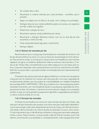 31
CADERNOSDE
ATENÇÃOBÁSICA
Ter contato olho a olho;•
Reconhecer e mostrar interesse por cores primárias – vermelho, azul e•
amarelo;
Seguir um objeto com os olhos e, às vezes, virar a cabeça na sua direção;•
Distinguir tipos de sons, tendo preferência pela voz humana, em especial a•
da mãe, e pelos sons agudos;
Determinar a direção do som;•
Reconhecer sabores, tendo preferência por doces;•
Reconhecer e distinguir diferentes cheiros; com um ou dois dias de vida•
reconhece o cheiro da mãe;
Imitar expressões faciais logo após o nascimento;•
Alcançar objetos.•
1.8.2.2 Número de mamadas por dia
Recomenda-se que a criança seja amamentada sem restrições de horários e de
tempo de permanência na mama. É o que se chama de amamentação em livre deman-
da. Nos primeiros meses, é normal que a criança mame com freqüência e sem horários
regulares. Em geral, um bebê em aleitamento materno exclusivo mama de oito a 12 ve-
zes ao dia. Muitas mães, principalmente as que estão inseguras e as com baixa auto-es-
tima, costumam interpretar esse comportamento normal como sinal de fome do bebê,
leite fraco ou pouco leite, o que pode resultar na introdução precoce e desnecessária de
suplementos.
O tamanho das mamas pode exercer alguma inﬂuência no número de mamadas da
criança por dia. As mulheres com mamas mais volumosas têm uma maior capacidade de
armazenamento de leite e por isso podem ter mais ﬂexibilidade com relação à freqüência
das mamadas (DALY; HARTMANN, 1995). Já as mulheres com mamas pequenas podem
necessitar amamentar com mais freqüência devido a sua pequena capacidade de arma-
zenamento do leite. No entanto, o tamanho da mama não tem relação com a produção
do leite, ou seja, as mamas grandes e pequenas em geral têm a capacidade de secretarem
o mesmo volume de leite em um dia.
1.8.2.3 Duração das mamadas
O tempo de permanência na mama em cada mamada não deve ser ﬁxado, haja
vista que o tempo necessário para esvaziar uma mama varia para cada dupla mãe/bebê e,
numa mesma dupla, pode variar dependendo da fome da criança, do intervalo transcor-
rido desde a última mamada e do volume de leite armazenado na mama, entre outros.
O mais importante é que a mãe dê tempo suﬁciente à criança para ela esvaziar adequada-
mente a mama. Dessa maneira, a criança recebe o leite do ﬁnal da mamada, que é mais
calórico, promovendo a sua saciedade e, conseqüentemente, maior espaçamento entre
 