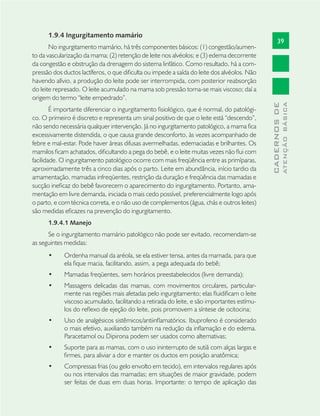 39
CADERNOSDE
ATENÇÃOBÁSICA
1.9.4 Ingurgitamento mamário
No ingurgitamento mamário, há três componentes básicos: (1) congestão/aumen-
to da vascularização da mama; (2) retenção de leite nos alvéolos; e (3) edema decorrente
da congestão e obstrução da drenagem do sistema linfático. Como resultado, há a com-
pressão dos ductos lactíferos, o que diﬁculta ou impede a saída do leite dos alvéolos. Não
havendo alívio, a produção do leite pode ser interrompida, com posterior reabsorção
do leite represado. O leite acumulado na mama sob pressão torna-se mais viscoso; daí a
origem do termo “leite empedrado”.
É importante diferenciar o ingurgitamento ﬁsiológico, que é normal, do patológi-
co. O primeiro é discreto e representa um sinal positivo de que o leite está “descendo”,
não sendo necessária qualquer intervenção. Já no ingurgitamento patológico, a mama ﬁca
excessivamente distendida, o que causa grande desconforto, às vezes acompanhado de
febre e mal-estar. Pode haver áreas difusas avermelhadas, edemaciadas e brilhantes. Os
mamilos ﬁcam achatados, diﬁcultando a pega do bebê, e o leite muitas vezes não ﬂui com
facilidade. O ingurgitamento patológico ocorre com mais freqüência entre as primíparas,
aproximadamente três a cinco dias após o parto. Leite em abundância, início tardio da
amamentação, mamadas infreqüentes, restrição da duração e freqüência das mamadas e
sucção ineﬁcaz do bebê favorecem o aparecimento do ingurgitamento. Portanto, ama-
mentação em livre demanda, iniciada o mais cedo possível, preferencialmente logo após
o parto, e com técnica correta, e o não uso de complementos (água, chás e outros leites)
são medidas eﬁcazes na prevenção do ingurgitamento.
1.9.4.1 Manejo
Se o ingurgitamento mamário patológico não pode ser evitado, recomendam-se
as seguintes medidas:
Ordenha manual da aréola, se ela estiver tensa, antes da mamada, para que•
ela ﬁque macia, facilitando, assim, a pega adequada do bebê;
Mamadas freqüentes, sem horários preestabelecidos (livre demanda);•
Massagens delicadas das mamas, com movimentos circulares, particular-•
mente nas regiões mais afetadas pelo ingurgitamento; elas ﬂuidiﬁcam o leite
viscoso acumulado, facilitando a retirada do leite, e são importantes estímu-
los do reﬂexo de ejeção do leite, pois promovem a síntese de ocitocina;
Uso de analgésicos sistêmicos/antiinﬂamatórios. Ibuprofeno é considerado•
o mais efetivo, auxiliando também na redução da inﬂamação e do edema.
Paracetamol ou Dipirona podem ser usados como alternativas;
Suporte para as mamas, com o uso ininterrupto de sutiã com alças largas e•
ﬁrmes, para aliviar a dor e manter os ductos em posição anatômica;
Compressas frias (ou gelo envolto em tecido), em intervalos regulares após•
ou nos intervalos das mamadas; em situações de maior gravidade, podem
ser feitas de duas em duas horas. Importante: o tempo de aplicação das
 