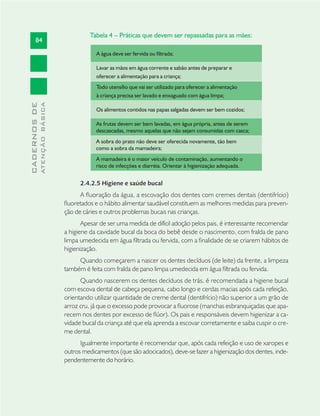 84
CADERNOSDE
ATENÇÃOBÁSICA
Tabela 4 – Práticas que devem ser repassadas para as mães:
A água deve ser fervida ou filtrada;
Lavar as mãos em água corrente e sabão antes de preparar e
oferecer a alimentação para a criança;
Todo utensílio que vai ser utilizado para oferecer a alimentação
à criança precisa ser lavado e enxaguado com água limpa;
Os alimentos contidos nas papas salgadas devem ser bem cozidos;
As frutas devem ser bem lavadas, em água própria, antes de serem
descascadas, mesmo aquelas que não sejam consumidas com casca;
A sobra do prato não deve ser oferecida novamente, tão bem
como a sobra da mamadeira;
A mamadeira é o maior veículo de contaminação, aumentando o
risco de infecções e diarréia. Orientar à higienização adequada.
2.4.2.5 Higiene e saúde bucal
A ﬂuoração da água, a escovação dos dentes com cremes dentais (dentifrício)
ﬂuoretados e o hábito alimentar saudável constituem as melhores medidas para preven-
ção de cáries e outros problemas bucais nas crianças.
Apesar de ser uma medida de difícil adoção pelos pais, é interessante recomendar
a higiene da cavidade bucal da boca do bebê desde o nascimento, com fralda de pano
limpa umedecida em água ﬁltrada ou fervida, com a ﬁnalidade de se criarem hábitos de
higienização.
Quando começarem a nascer os dentes decíduos (de leite) da frente, a limpeza
também é feita com fralda de pano limpa umedecida em água ﬁltrada ou fervida.
Quando nascerem os dentes decíduos de trás, é recomendada a higiene bucal
com escova dental de cabeça pequena, cabo longo e cerdas macias após cada refeição,
orientando utilizar quantidade de creme dental (dentifrício) não superior a um grão de
arroz cru, já que o excesso pode provocar a ﬂuorose (manchas esbranquiçadas que apa-
recem nos dentes por excesso de ﬂúor). Os pais e responsáveis devem higienizar a ca-
vidade bucal da criança até que ela aprenda a escovar corretamente e saiba cuspir o cre-
me dental.
Igualmente importante é recomendar que, após cada refeição e uso de xaropes e
outros medicamentos (que são adocicados), deve-se fazer a higienização dos dentes, inde-
pendentemente do horário.
 