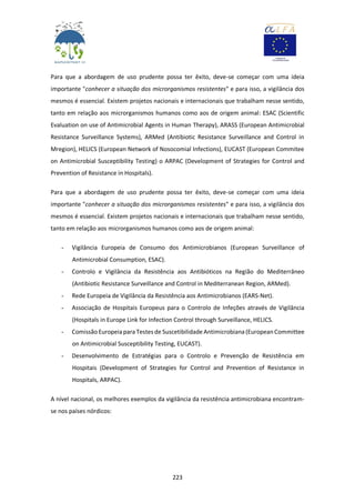 223
Para que a abordagem de uso prudente possa ter êxito, deve-se começar com uma ideia
importante "conhecer a situação dos microrganismos resistentes" e para isso, a vigilância dos
mesmos é essencial. Existem projetos nacionais e internacionais que trabalham nesse sentido,
tanto em relação aos microrganismos humanos como aos de origem animal: ESAC (Scientific
Evaluation on use of Antimicrobial Agents in Human Therapy), ARASS (European Antimicrobial
Resistance Surveillance Systems), ARMed (Antibiotic Resistance Surveillance and Control in
Mregion), HELICS (European Network of Nosocomial Infections), EUCAST (European Commitee
on Antimicrobial Susceptibility Testing) o ARPAC (Development of Strategies for Control and
Prevention of Resistance in Hospitals).
Para que a abordagem de uso prudente possa ter êxito, deve-se começar com uma ideia
importante "conhecer a situação dos microrganismos resistentes" e para isso, a vigilância dos
mesmos é essencial. Existem projetos nacionais e internacionais que trabalham nesse sentido,
tanto em relação aos microrganismos humanos como aos de origem animal:
- Vigilância Europeia de Consumo dos Antimicrobianos (European Surveillance of
Antimicrobial Consumption, ESAC).
- Controlo e Vigilância da Resistência aos Antibióticos na Região do Mediterrâneo
(Antibiotic Resistance Surveillance and Control in Mediterranean Region, ARMed).
- Rede Europeia de Vigilância da Resistência aos Antimicrobianos (EARS-Net).
- Associação de Hospitais Europeus para o Controlo de Infeções através de Vigilância
(Hospitals in Europe Link for Infection Control through Surveillance, HELICS.
- ComissãoEuropeia paraTestes de Suscetibilidade Antimicrobiana (EuropeanCommittee
on Antimicrobial Susceptibility Testing, EUCAST).
- Desenvolvimento de Estratégias para o Controlo e Prevenção de Resistência em
Hospitais (Development of Strategies for Control and Prevention of Resistance in
Hospitals, ARPAC).
A nível nacional, os melhores exemplos da vigilância da resistência antimicrobiana encontram-
se nos países nórdicos:
 