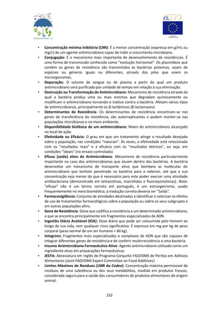 232
• Concentração mínima inibitória (CMI): É a menor concentração (expressa em g/mL ou
mg/L) de um agente antimicrobiano capaz de inibir o crescimento microbiano.
• Conjugação: É o mecanismo mais importante de desenvolvimento de resistências. É
uma forma de transmissão conhecida como "evolução horizontal". Os plasmídeos que
contêm os genes de resistência são transmitidos às bactérias próximas, sejam de
espécies ou géneros iguais ou diferentes, através dos pilus que unem os
microrganismos.
• Depuração: O volume de sangue ou de plasma a partir do qual um produto
antimicrobiano será purificado por unidade de tempo em relação à sua eliminação.
• Destruição ou Transformação do Antimicrobiano: Mecanismo de resistência através da
qual a bactéria produz uma ou mais enzimas que degradam quimicamente ou
modificam o antimicrobiano tornando-o inativo contra a bactéria. Afetam vários tipos
de antimicrobianos, principalmente os β-lactâmicos (β-lactamases).
• Determinantes de Resistência: Os determinantes de resistência encontram-se nos
genes de transferência da resistência, são autorreplicantes e podem manter-se nas
populações microbianas e no meio ambiente.
• Disponibilidade biofásica de um antimicrobiano: Níveis do antimicrobiano alcançado
no local de ação.
• Efetividade ou Eficácia: O grau em que um tratamento atinge o resultado desejado
sobre a população, nas condições "naturais”. Às vezes, a efetividade está relacionada
com os "resultados reais" e a eficácia com os "resultados teóricos", ou seja, em
condições "ideais" (no ensaio controlado).
• Efluxo (saída) ativo do Antimicrobiano: Mecanismo de resistência particularmente
importante no caso dos antimicrobianos que atuam dentro das bactérias. A bactéria
desenvolve um mecanismo de transporte ativo que bombeia as moléculas do
antimicrobiano que tenham penetrado na bactéria para o exterior, até que a sua
concentração seja menor do que é necessário para este poder exercer uma atividade
antibacteriana (demonstrado em tetraciclinas, macrólidos e fluoroquinolonas). Nota:
"efluxo" não é um termo correto em português, é um estrangeirismo, usado
frequentemente no meio biomédico; a tradução correta deveria ser "Saída".
• Farmacovigilância: Conjunto de atividades destinadas a identificar e valorizar os efeitos
de uso de tratamentos farmacológicos sobre a população ou sobre os seus subgrupos e
em outras populações afins.
• Gene de Resistência: Gene que codifica a resistência a um determinado antimicrobiano,
e que se encontra principalmente em fragmentos especializados de ADN.
• Ingestão Diária Aceitável (IDA): Dose diária que pode ser consumida pelo homem ao
longo da sua vida, sem qualquer risco significativo. É expressa em mg por kg de peso
corporal (peso normal de um ser humano = 60 kg).
• Integrons: Fragmentos mais especializados e complexos de ADN que são capazes de
integrar diferentes genes de resistência e de conferir multirresistência a uma bactéria.
• Insumo Antimicrobiano Farmacêutico Ativo: Agente antimicrobiano utilizado como um
ingrediente ativo em preparações farmacêuticas.
• JECFA: Abreviatura em Inglês de Programa Conjunto FAO/OMS de Peritos em Aditivos
Alimentares (Joint FAO/OMS Expert Committee on Food Additives)
• Limites Máximos de Resíduos (LMR do Codex): Concentração máxima permissível de
resíduos de uma substância ou dos seus metabólitos, medida em produtos frescos,
considerada seguro para a saúde dos consumidores de produtos alimentares de origem
animal.
 