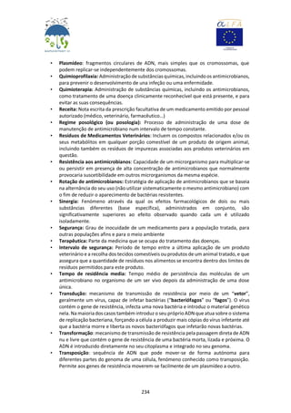 234
• Plasmídeo: fragmentos circulares de ADN, mais simples que os cromossomas, que
podem replicar-se independentemente dos cromossomas.
• Quimioprofilaxia: Administraçãode substâncias químicas,incluindoos antimicrobianos,
para prevenir o desenvolvimento de una infeção ou uma enfermidade.
• Quimioterapia: Administração de substâncias químicas, incluindo os antimicrobianos,
como tratamento de uma doença clinicamente reconhecível que está presente, e para
evitar as suas consequências.
• Receita: Nota escrita da prescrição facultativa de um medicamento emitido por pessoal
autorizado (médico, veterinário, farmacêutico…)
• Regime posológico (ou posologia): Processo de administração de uma dose de
manutenção de antimicrobiano num intervalo de tempo constante.
• Resíduos de Medicamentos Veterinários: Incluem os compostos relacionados e/ou os
seus metabólitos em qualquer porção comestível de um produto de origem animal,
incluindo também os resíduos de impurezas associadas aos produtos veterinários em
questão.
• Resistência aos antimicrobianos: Capacidade de um microrganismo para multiplicar-se
ou persistir em presença de alta concentração de antimicrobianos que normalmente
provocaria suscetibilidade em outros microrganismos da mesma espécie.
• Rotação de antimicrobianos: Estratégia de aplicação de antimicrobianos que se baseia
na alternância do seu uso (não utilizar sistematicamente o mesmo antimicrobiano) com
o fim de reduzir o aparecimento de bactérias resistentes.
• Sinergia: Fenómeno através da qual os efeitos farmacológicos de dois ou mais
substâncias diferentes (base específica), administrados em conjunto, são
significativamente superiores ao efeito observado quando cada um é utilizado
isoladamente.
• Segurança: Grau de inocuidade de um medicamento para a população tratada, para
outras populações afins e para o meio ambiente
• Terapêutica: Parte da medicina que se ocupa do tratamento das doenças.
• Intervalo de segurança: Período de tempo entre a última aplicação de um produto
veterinário e a recolha dos tecidos comestíveis ou produtos de um animal tratado, e que
assegura que a quantidade de resíduos nos alimentos se encontra dentro dos limites de
resíduos permitidos para este produto.
• Tempo de residência media: Tempo médio de persistência das moléculas de um
antimicrobiano no organismo de um ser vivo depois da administração de uma dose
única.
• Transdução: mecanismo de transmissão de resistência por meio de um “vetor”,
geralmente um vírus, capaz de infetar bactérias (“bacteriófagos” ou “fagos”). O vírus
contém o gene de resistência, infecta uma nova bactéria e introduz o material genético
nela. Na maioria dos casos também introduz o seu próprioADN que atua sobre o sistema
de replicação bacteriana, forçando a célula a produzir mais cópias do vírus infetante até
que a bactéria morre e liberta os novos bacteriófagos que infetarão novas bactérias.
• Transformação: mecanismo de transmissão de resistência pela passagem direta de ADN
nu e livre que contém o gene de resistência de uma bactéria morta, lizada e próxima. O
ADN é introduzido diretamente no seu citoplasma e integrado no seu genoma.
• Transposição: sequência de ADN que pode mover-se de forma autónoma para
diferentes partes do genoma de uma célula, fenómeno conhecido como transposição.
Permite aos genes de resistência moverem-se facilmente de um plasmídeo a outro.
 