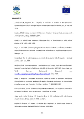 236
BIBLIOGRAFIA
Aarestrup F.M., Wegener, H.C., Collignon, P. Resistance in bacteria of the food chain:
epidemiology and control strategies. Expert Review of Anti-infectiveTherapy, v. 6, p. 733-750,
2008.
Boothe, D.M. Principles of antimicrobial therapy. Veterinary clinics of North America. Small
animal practice, v.36, p.1003-1047, 2006.
Clarke, C.R. Antimicrobial resistance. Veterinary clinics of North America. Small animal
practice, v.36, p.987-1001, 2006.
Doyle, M. Ellin. 2006. Veterinary Drug Residues in Processed Meats — Potential Health Risk.
Revisión de Literatura científica. Food Research Institute de la Universidad de Wisconsin.
Madison. 11p
Errecalde, J. Uso de antimicrobianos en animals de consume. FAO. Producción y Sanidad
Animal, p.150-157, 2004.
FAO/WHO/OIE. Joint FAO/WHO/OIE Expert Meeting on Critically Important Antimicrobials.
Report of a meeting held in FAO, Rome, Italy, 26–30 November 2007. FAO, Rome, Italy, and
WHO, Geneva, Switzerland. Disponível em:
www.fao.org/ag/agn/agns/files/Prepub_Report_CIA.pdf, Itália, 2007.
Grave K, Jensen CF, Odensvik K, Wierup M, Bangen M. Usage of veterinary therapeutic
antimicrobials in Denmark, Norway and Sweden following termination of antimicrobial
growth promoter use. Preventive Veterinary Medicine 75 (2006) 123–132
Gratacós Cubarsí, Marta. 2007. Desarrollo de Métodos Rápidos para el Análisis de Residuos
en Producción Animal. Tesis de Doctorado. Universidad de Girona.
Grigoryan L, Haaijer-Rysjamp FM, Burgerhof JG, et al. Self-medication with antimicrobial
drugs in Europe. Emerg Infect Dis 2006; 12:452-9.
Giguère, S.; Prescott, J.F.; Baggot, J.D.; Walker, R.D.; Dowling, P.M. Antimicrobial therapy in
veterinary medicine. Blackwell Publishing, Ames, 2006. 626p.
 