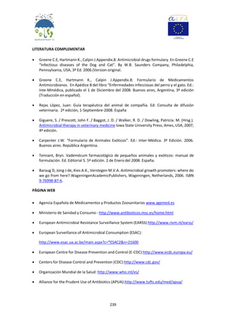 239
LITERATURA COMPLEMENTAR
 Greene C.E, Hartmann K., Calpin J.Appendix.8: Antimicrobial drugs formulary. En Greene C.E
“Infectious diseases of the Dog and Cat”. By W.B. Saunders Company, Philadelphia,
Pennsylvania, USA, 3ª Ed. 2006 (Version original.
 Greene C.E, Hartmann K., Calpin J.Appendix.8: Formulario de Medicamentos
Antimicrobianos. En Apédice 8 del libro “Enfermedades infecciosas del perro y el gato. Ed.:
Inte-Mmédica, publicado el 1 de Diciembre del 2008. Buenos aires, Argentina, 3ª edición
(Traducción en español).
 Rejas López, Juan: Guía terapéutica del animal de compañía. Ed: Consulta de difusión
veterinaria. 2ª edición, 1-Septiembre-2008. España
 Giguere, S. / Prescott, John F. / Baggot, J. D. / Walker, R. D. / Dowling, Patricia. M. (Hrsg.).
Antimicrobial therapy in veterinary medicine Iowa State University Press, Ames, USA, 2007,
4ª edición.
 Carpenter J.W. “Formulario de Animales Exóticos”. Ed.: Inter-Médica. 3ª Edición. 2006.
Buenos aires. República Argentina.
 Tennant, Bryn. Vademécum farmacológico de pequeños animales y exóticos: manual de
formulación. Ed. Editorial S. 5ª edición. 2 de Enero del 2008. España.
 Baraug D, Jong J de, Kies A.K., Verstegen M.V.A. Antimicrobial growth promoters: where do
we go from here?.WageningenAcademicPublishers, Wageningen, Netherlands, 2006. ISBN
9-76998-87-6.
PÁGINA WEB
 Agencia Española de Medicamentos y Productos Zoosanitarios www.agemed.es
 Ministerio de Sanidad y Consumo - http://www.antibioticos.msc.es/home.html
 European Antimicrobial Resistance Surveillance System (EARSS):http://www.rivm.nl/earss/
 European Surveillance of Antimicrobial Consumption (ESAC):
http://www.esac.ua.ac.be/main.aspx?c=*ESAC2&n=21600
 European Centre for Disease Prevention and Control (E-CDC):http://www.ecdc.europa.eu/
 Centers for Disease Control and Prevention (CDC):http://www.cdc.gov/
 Organización Mundial de la Salud: http://www.who.int/es/
 Alliance for the Prudent Use of Antibiotics (APUA):http://www.tufts.edu/med/apua/
 