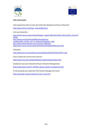 259
Links relacionados:
Informação Geral sobre as Fases das Catástrofes (Background Phases of Disaster):
http://www.mhconi.org/Topic_DisasterBkgrd.htm
Ciclo das Catástrofes:
http://portal.veracruz.gob.mx/portal/page?_pageid=1945,4321316&_dad=portal&_schema=P
ORTAL
http://www.eird.org/cd/toolkit08/material/planes-
escolares/plan_escolar_para_la_prevencion/capitulo_3.pdf
http://www.eltercertiempo.com.ar/sos/sos_0010.htm
http://www.reeme.arizona.edu/materials/Ciclos%20de%20Desastres.pdf
Catástrofe:
http://desastres.usac.edu.gt/documentos/pdf/spa/doc10475/doc10475-1.pdf
Fases e etapas dos eventos sócio naturais:
http://www.rena.edu.ve/SegundaEtapa/ciudadania/fasesetapas.html
Gestão das Fases das Catástrofes (Phases of Disaster Management):
http://www.ehow.com/list_6732381_phases-disaster-management.html
O ciclo de gestão das catástrofes (The Disaster Management Cycle):
http://www.gdrc.org/uem/disasters/1-dm_cycle.html
 