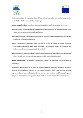 44
Existem vários tipos de mapas que disponibilizam diferentes modos para analisar e apresentar
os resultados obtidos no estudo de uma doença:
Mapas geográficos base - Localizam a variável a estudar e as diferentes áreas do mesmo.
Mapas Pontuais - Indicam a localização da variável através de pontos ou outros símbolos. Trata-
se de representação de informação qualitativa.
Mapas de distribuição - Delimitam áreas em que se localizam as variáveis a estudar. Apresentam
igualmente informação qualitativa.
Mapas Coropléticos - Delimitam áreas em que se localiza a variável a estudar mas com
informação quantitativa (cada área delimitada representa-se através de símbolos que
indicam uma determinada quantidade da variável).
Mapas Isopléticos - Delimitam áreas geográficas com informação quantitativa mas neste caso a
altura de cada área corresponde a uma determinada quantidade da variável.
Mapas demográficos - Relacionam a variável em estudo e as suas taxas com o tamanho da
população.
Atualmente, a representação de dados de uma doença a partir de uma perspetiva geográfica
depende da utilização de Sistemas de Informação Geográfica (SIG), o que permite que essa
representação de informação seja dinâmica, uma vez que pode ser modificada ao longo do
tempo, de acordo com as variações nos dados relativos às variáveis envolvidas no processo.
 