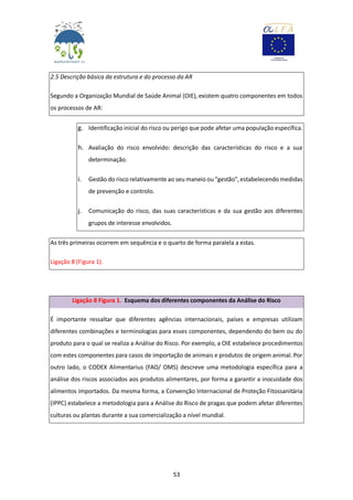 53
2.5 Descrição básica da estrutura e do processo da AR
Segundo a Organização Mundial de Saúde Animal (OIE), existem quatro componentes em todos
os processos de AR:
g. Identificação inicial do risco ou perigo que pode afetar uma população específica.
h. Avaliação do risco envolvido: descrição das características do risco e a sua
determinação.
i. Gestão do risco relativamente ao seu maneio ou "gestão", estabelecendo medidas
de prevenção e controlo.
j. Comunicação do risco, das suas características e da sua gestão aos diferentes
grupos de interesse envolvidos.
As três primeiras ocorrem em sequência e o quarto de forma paralela a estas.
Ligação 8 (Figura 1).
Ligação 8 Figura 1. Esquema dos diferentes componentes da Análise do Risco
É importante ressaltar que diferentes agências internacionais, países e empresas utilizam
diferentes combinações e terminologias para esses componentes, dependendo do bem ou do
produto para o qual se realiza a Análise do Risco. Por exemplo, a OIE estabelece procedimentos
com estes componentes para casos de importação de animais e produtos de origem animal. Por
outro lado, o CODEX Alimentarius (FAO/ OMS) descreve uma metodologia específica para a
análise dos riscos associados aos produtos alimentares, por forma a garantir a inocuidade dos
alimentos importados. Da mesma forma, a Convenção Internacional de Proteção Fitossanitária
(IPPC) estabelece a metodologia para a Análise do Risco de pragas que podem afetar diferentes
culturas ou plantas durante a sua comercialização a nível mundial.
 