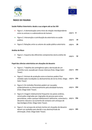 6
ÍNDICE DE FIGURAS
Saúde Pública Veterinária: desde a sua origem até ao Sec XXI
 Figura 1. A domesticação como início da relação interdependente
entre os animais e a sobrevivência do homem. página 8
 Figura 2. Intervenção e contribuição da veterinária na saúde
pública. página 14
 Figura 3. Relações entre os setores de saúde pública veterinária página 20
Análise de Risco
 Figura 1. Esquema dos diferentes componentes duma análise de
risco
página 52
Papel das ciências veterinárias em situações de desastre
 Figura 1. Trabalhos de contingência após a derrocada de um
caminho rural, causado por chuvas intensas (Foto: Diego Soler-
Tovar).
página 253
 Figura 2. Animais de produção como os bovinos podem ficar
atolados após inundações ou deslizamentos de terras (Foto: Diego
Soler-Tovar)
página 254
 Figura 3. Os incêndios florestais podem ser causados
acidentalmente ou intencionalmente pela atividade humana.
(Foto: Diego Soler-Tovar).
página 254
 Figura 4. Imagem relativamente frequente nos países andinos,
construções originadas por migrações de pessoas para zonas
periurbanas, onde o parque habitacional é deficiente, vulnerável a
desastres naturais e ao aumento de contacto com ameaças de
tipo biológico (Foto: Diego Soler-Tovar).
página 256
 Figura 5. As carcaças de animais mortos em situações de desastre
devem ser avaliados para decidir o seu destino/modo de
eliminação. (Foto: Diego Soler-Tovar).
página 265
 