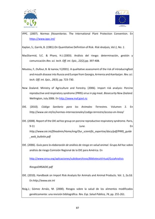 87
IPPC. (2007). Normas fitosanitarias. The International Plant Protection Convention. En
https://www.ippc.int/
Kaplan, S.; Garrik, B. (1981).On Quantitative Definition of Risk. Risk Analysis, Vol.1, No. 1.
MacDiarmid, S.C. & Pharo, H.J.(2003). Análisis del riesgo: determinación, gestión y
comunicación.Rev. sci. tech. Off. int. Epiz., 22(2),pp. 397-408.
Moutou, F.; Dufour, B. & Ivanov, Y.(2001). A qualitative assessment of the risk of introducingfoot
and mouth disease into Russia and Europe from Georgia, Armenia and Azerbaijan. Rev. sci.
tech. Off. int. Epiz., 20(3), pp. 723-730.
New Zealand. Ministry of Agriculture and Forestry. (2006). Import risk analysis: Porcine
reproductive and respiratory syndrome (PRRS) virus in pig meat. Biosecurity New Zealand.
Wellington, July 2006. En http://www.maf.govt.nz
OIE. (2010). Código Sanitario para los Animales Terrestres. Volumen 2. En
http://www.oie.int/es/normas-internacionales/codigo-terrestre/acceso-en-linea/
OIE. (2008). Report of the OIE ad hoc group on porcine reproductive respiratory syndrome. Paris,
9-11 June. En
http://www.oie.int/fileadmin/Home/eng/Our_scientific_expertise/docs/pdf/PRRS_guide
_web_bulletin.pdf
OIE. (2006). Guía para la elaboración de análisis de riesgo en salud animal. Grupo Ad hoc sobre
análisis de riesgo Comisión Regional de la OIE para América. En
http://www.oirsa.org/aplicaciones/subidoarchivos/BibliotecaVirtual/GuiaAnalisis
RiesgoOIRSAOIE.pdf
OIE. (2010). Handbook on Import Risk Analysis for Animals and Animal Products. Vol. 1, 2a.Ed.
En http://www.oie.int
Roig,J.; Gómez Arnáiz, M. (2000). Riesgos sobre la salud de los alimentos modificados
genéticamente: una revisión bibliográfica. Rev. Esp. Salud Pública, 74, pp. 255-261.
 