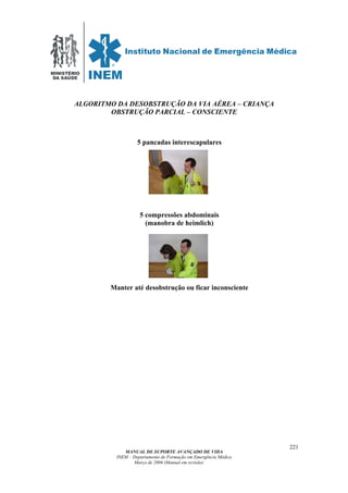 MINISTÉRIO
DA SAÚDE
MANUAL DE SUPORTE AVANÇADO DE VIDA
INEM – Departamento de Formação em Emergência Médica
Março de 2006 (Manual em revisão)
221
ALGORITMO DA DESOBSTRUÇÃO DA VIA AÉREA – CRIANÇA
OBSTRUÇÃO PARCIAL – CONSCIENTE
5 pancadas interescapulares
5 compressões abdominais
(manobra de heimlich)
Manter até desobstrução ou ficar inconsciente
 