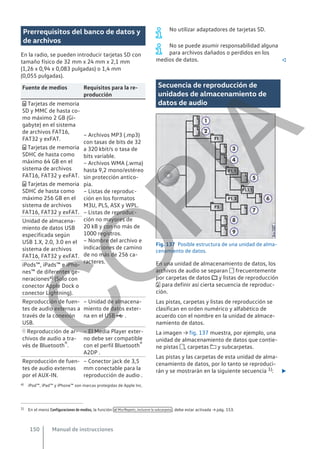 Prerrequisitos del banco de datos y
de archivos
En la radio, se pueden introducir tarjetas SD con
tamaño físico de 32 mm x 24 mm x 2,1 mm
(1,26 x 0,94 x 0,083 pulgadas) o 1,4 mm
(0,055 pulgadas).
Fuente de medios Requisitos para la re-
producción
 Tarjetas de memoria
SD y MMC de hasta co-
mo máximo 2 GB (Gi-
gabyte) en el sistema
de archivos FAT16,
FAT32 y exFAT.
– Archivos MP3 (.mp3)
con tasas de bits de 32
a 320 kbit/s o tasa de
bits variable.
– Archivos WMA (.wma)
hasta 9,2 mono/estéreo
sin protección antico-
pia.
– Listas de reproduc-
ción en los formatos
M3U, PLS, ASX y WPL.
– Listas de reproduc-
ción no mayores de
20 kB y con no más de
1000 registros.
– Nombre del archivo e
indicaciones de camino
de no más de 256 ca-
racteres.
 Tarjetas de memoria
SDHC de hasta como
máximo 64 GB en el
sistema de archivos
FAT16, FAT32 y exFAT.
 Tarjetas de memoria
SDHC de hasta como
máximo 256 GB en el
sistema de archivos
FAT16, FAT32 y exFAT.
Unidad de almacena-
miento de datos USB
especificada según
USB 1.X, 2.0, 3.0 en el
sistema de archivos
FAT16, FAT32 y exFAT.
iPods™, iPads™ e iPho-
nes™ de diferentes ge-
neracionesa) (Solo con
conector Apple Dock o
conector Lightning).
Reproducción de fuen-
tes de audio externas a
través de la conexión
USB.
– Unidad de almacena-
miento de datos exter-
na en el USB  .
 Reproducción de ar-
chivos de audio a tra-
vés de Bluetooth®.
– El Media Player exter-
no debe ser compatible
con el perfil Bluetooth®
A2DP .
Reproducción de fuen-
tes de audio externas
por el AUX-IN.
– Conector jack de 3,5
mm conectable para la
reproducción de audio .
a) iPod™, iPad™ y iPhone™ son marcas protegidas de Apple Inc.
No utilizar adaptadores de tarjetas SD.
No se puede asumir responsabilidad alguna
para archivos dañados o perdidos en los
medios de datos. 
Secuencia de reproducción de
unidades de almacenamiento de
datos de audio
Fig. 137 Posible estructura de una unidad de alma-
cenamiento de datos.
En una unidad de almacenamiento de datos, los
archivos de audio se separan  frecuentemente
por carpetas de datos  y listas de reproducción
 para definir así cierta secuencia de reproduc-
ción.
Las pistas, carpetas y listas de reproducción se
clasifican en orden numérico y alfabético de
acuerdo con el nombre en la unidad de almace-
namiento de datos.
La imagen → fig. 137 muestra, por ejemplo, una
unidad de almacenamiento de datos que contie-
ne pistas , carpetas  y subcarpetas.
Las pistas y las carpetas de esta unidad de alma-
cenamiento de datos, por lo tanto se reproduci-
rán y se mostrarán en la siguiente secuencia 1): 
1) En el menú Configuraciones de medios, la función  Mix/Repetir, inclusive la subcarpeta , debe estar activada → pág. 153.
Manual de instrucciones
150
C
O
P
I
A
 
