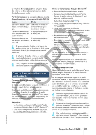 El volumen de reproducción de la fuente de au-
dio externa se debe adaptar al volumen de las
demás fuentes de audio.
Particularidades en la operación de una fuente
de audio externa vía toma multimedia AUX-IN
Acción Efecto
Selección de otra fuen-
te de audio en el equi-
po.
La fuente de audio ex-
terna continúa ejecu-
tándose de fondo.
Terminar la reproduc-
ción en una fuente de
audio externa.
El equipo continúa en
el menú AUX.
Remover el conector
de la toma multimedia
AUX-IN.
El equipo continúa en
el menú AUX.
Si la reproducción finaliza en la fuente de
audio externa o si se desconecta de la toma
multimedia AUX-IN, la radio permanece en el
menú AUX.
Si la fuente de audio externa se utiliza por
medio de la toma de corriente de 12 V del
vehículo, pueden haber ruidos de interferencia.
Leer y respetar las instrucciones de uso del
fabricante de la fuente audio externa. 
Conectar fuente de audio externa
por Bluetooth®
Conexión de una fuente de audio por
Bluetooth
El modo audio Bluetooth® se puede mostrar en el
display a través de  en la línea superior.
En el modo audio Bluetooth® se pueden reprodu-
cir archivos de audio de una fuente de audio
Bluetooth® conectada por Bluetooth® (por ejem-
plo, un smartphone), utilizando los parlantes del
vehículo (reproducción de audio Bluetooth®).
Requisitos
– La fuente de audio externa Bluetooth® debe
ser compatible con el perfil A2DP-Bluetooth®.
– En el menú Configuraciones Bluetooth, la función
 audio BT (A2DP/AVRCP) , debe estar activada .
Iniciar la transferencia de audio Bluetooth®
– Reducir el volumen de base en la radio.
– Conectar la visibilidad de Bluetooth® en la
fuente de audio externa de Bluetooth® (por
ejemplo, teléfono móvil).
– Pulsar la tecla de la radio MEDIA .
– Tocar sobre la superficie de función y seleccio-
nar  audio BT .
– Tocar en la superficie de función
Buscar dispositivo para acoplar una fuente de au-
dio externa Bluetooth® por primera vez.
– O: seleccionar en la lista una fuente de audio
externa Bluetooth®.
– O: establecer conexión a través del menú Confi-
guraciones del Bluetooth .
– Observar las orientaciones para otros procedi-
mientos en el display del equipo y en el display
de la fuente de audio Bluetooth®.
De ser necesario, se deberá iniciar la reproduc-
ción aún manualmente en la fuente de audio
Bluetooth®.
Cuando la reproducción en la fuente de audio
Bluetooth® finaliza, el equipo permanece en la
operación de audio Bluetooth®.
Controlar la reproducción
El control de la fuente de audio Bluetooth® a tra-
vés de la radio depende de la fuente de audio
Bluetooth® conectada.
En lectores de medios que soportan el perfil
Bluetooth® AVRCP, la reproducción puede iniciar-
se o detenerse automáticamente en la fuente de
audio Bluetooth®, si se la cambia a la operación
de audio Bluetooth® o a otra fuente de audio.
Además, se puede mostrar el título o un cambio
de título a través del equipo.
Debido a la gran diversidad de fuentes de
audio Bluetooth®, no se puede garantizar
que todas las funciones descritas puedan ejecu-
tarse sin fallas.
Para operar el modo multimedia con el dis-
positivo Bluetooth® conectado, leer y respe-
tar las indicaciones del fabricante en las instruc-
ciones de uso correspondientes.
Use exclusivamente equipos compatibles
con la tecnología Bluetooth®. Para obtener
más información acerca de la compatibilidad de 
Composition Touch (R 340G) 155
21B.5L1.SAV.60
C
O
P
I
A
 